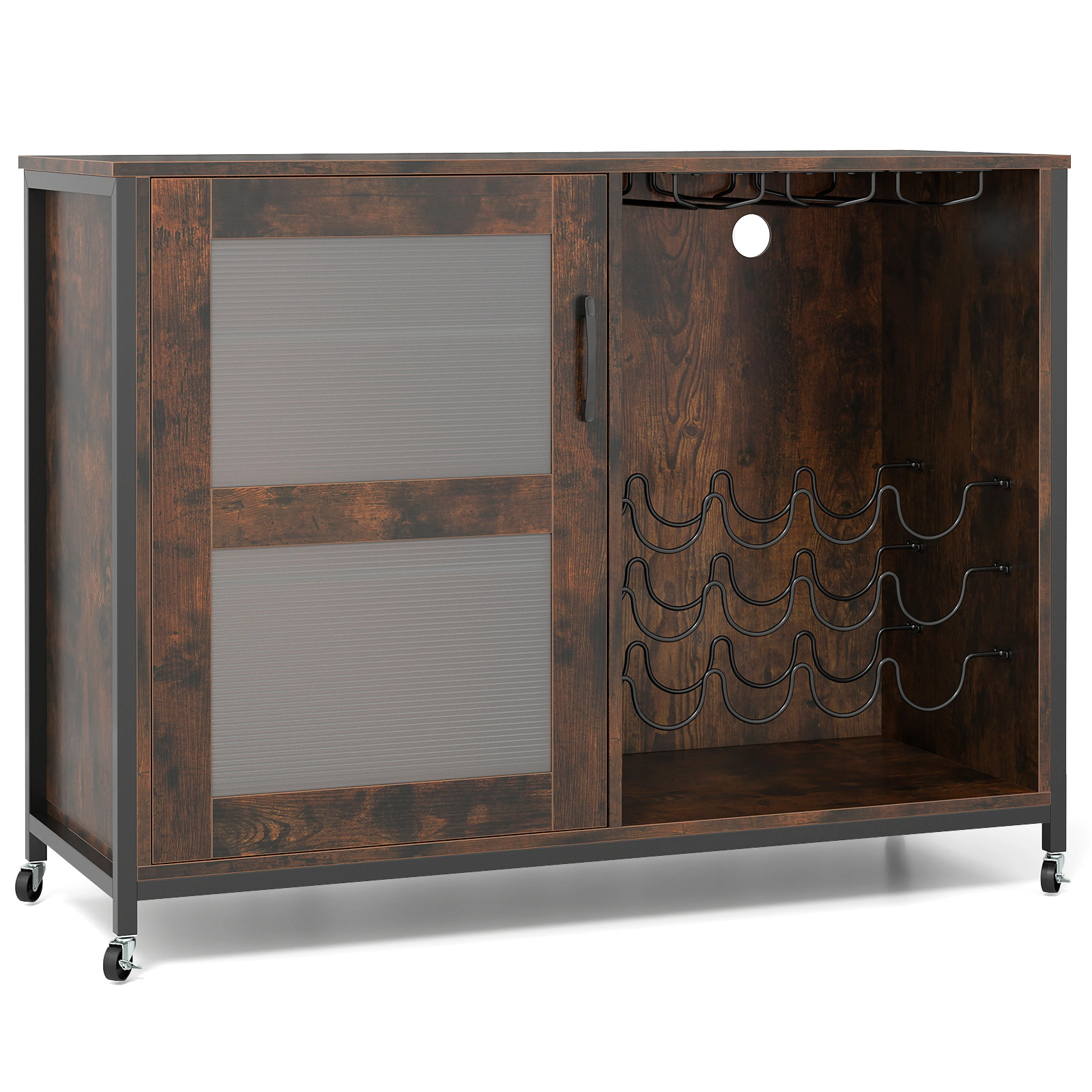 SUGIFT Rustic Brown 42.5-in Wine Bar Cabinet with LED Light Glass Doors 12-Bottle Rack and Glass Holder