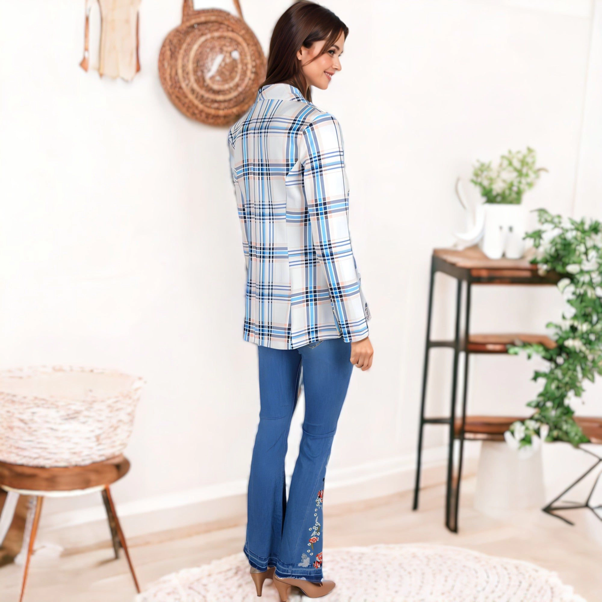 Anna-Kaci Women's Open Front Plaid Blazer Coat Jacket Long Sleeve Mock Front Pockets Formal Work Attire