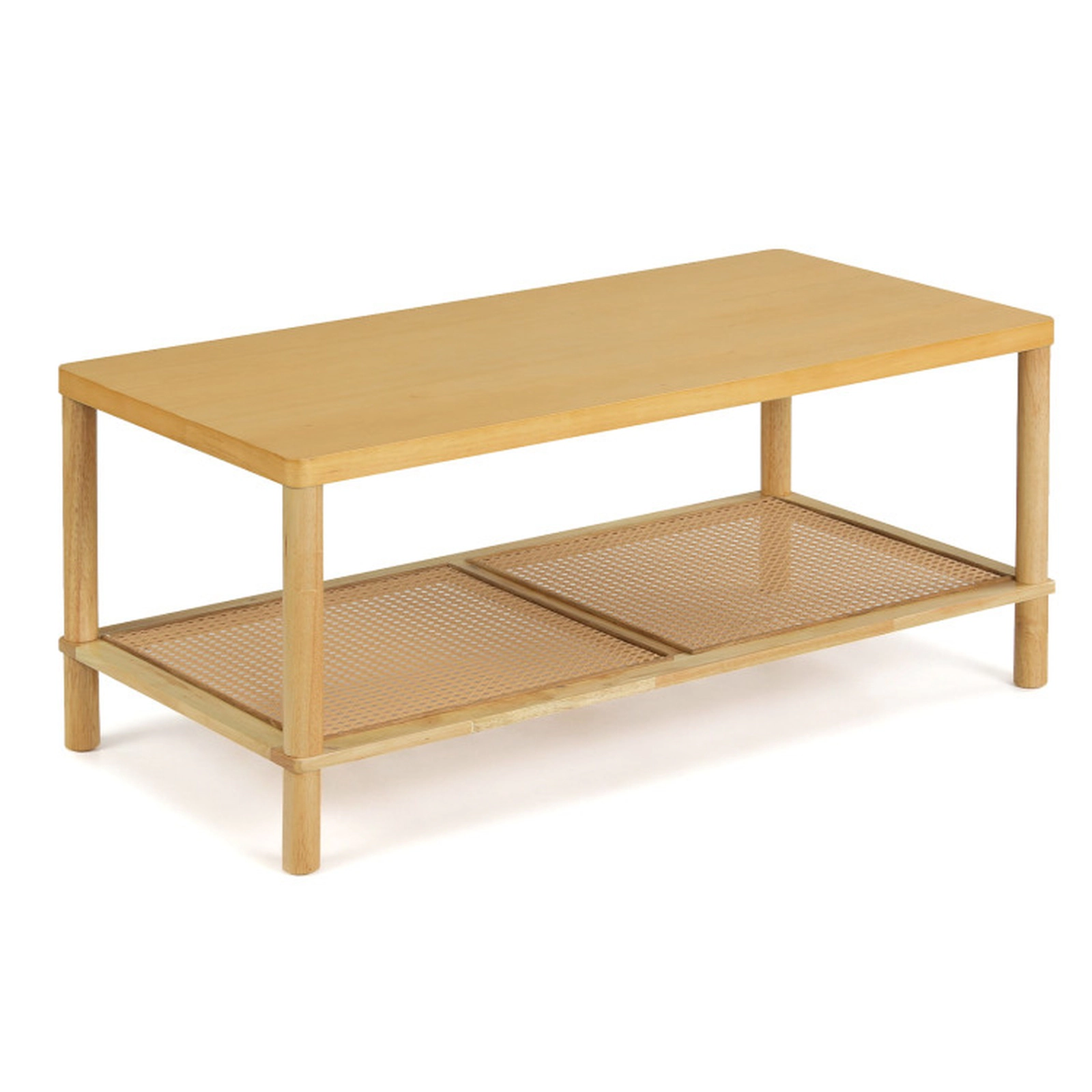 SUGIFT 39-in 185-lb Capacity 2-Tier Boho Rectangular Coffee Table with PVC Rattan Shelf and Rubber Wood Frame