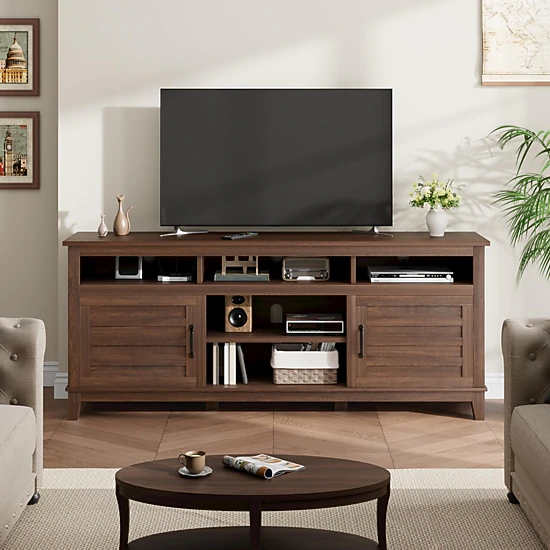 BebreezChic 70.9" TV Stand, Entertainment Center with Adjustable Shelves, Farmhouse TV Stand with Cabinet Doors