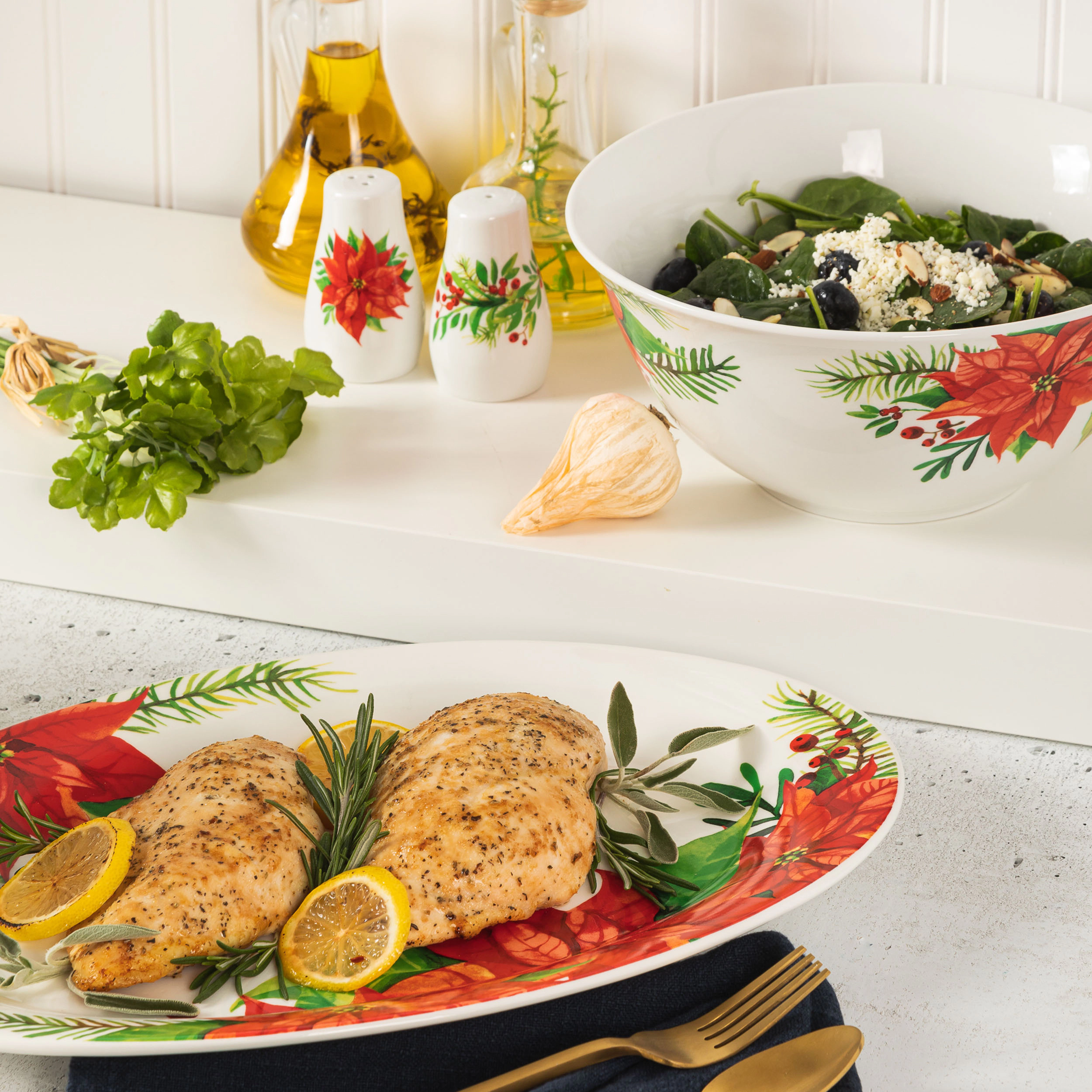 Gibson Home 4 Piece Ceramic Serving Set in White With Poinsettia Decorations