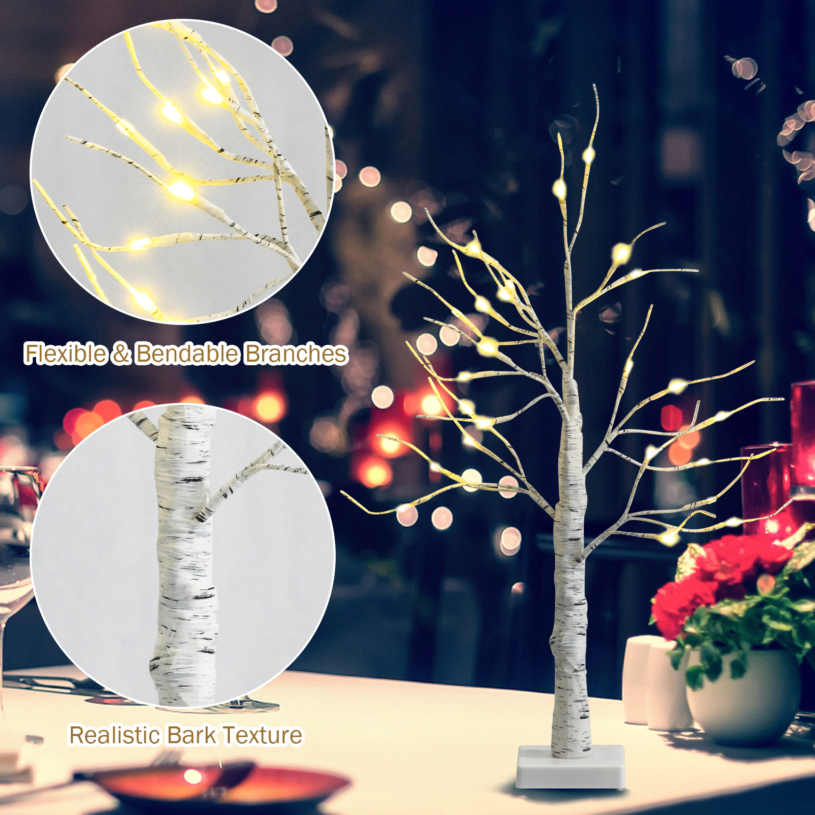 SlickBlue Set Of 2 Mini Artificial Birch Tree with Bendable Branches and Battery Operated LEDs