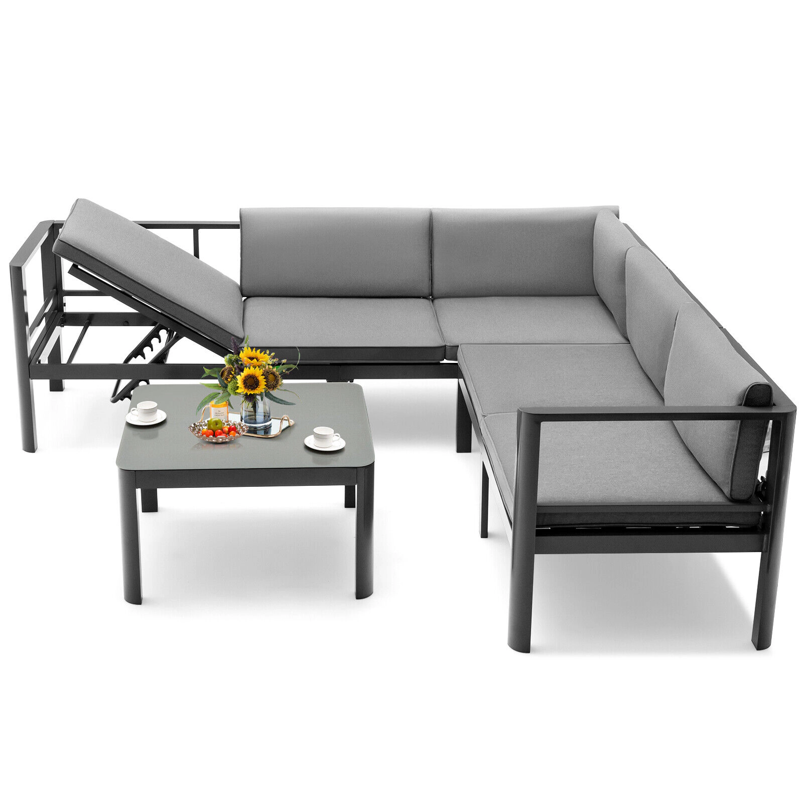SUGIFT 3-Piece 990-lb Capacity 6-Level Reclining Gray Aluminum Outdoor Patio Sofa Set with Glass Coffee Table