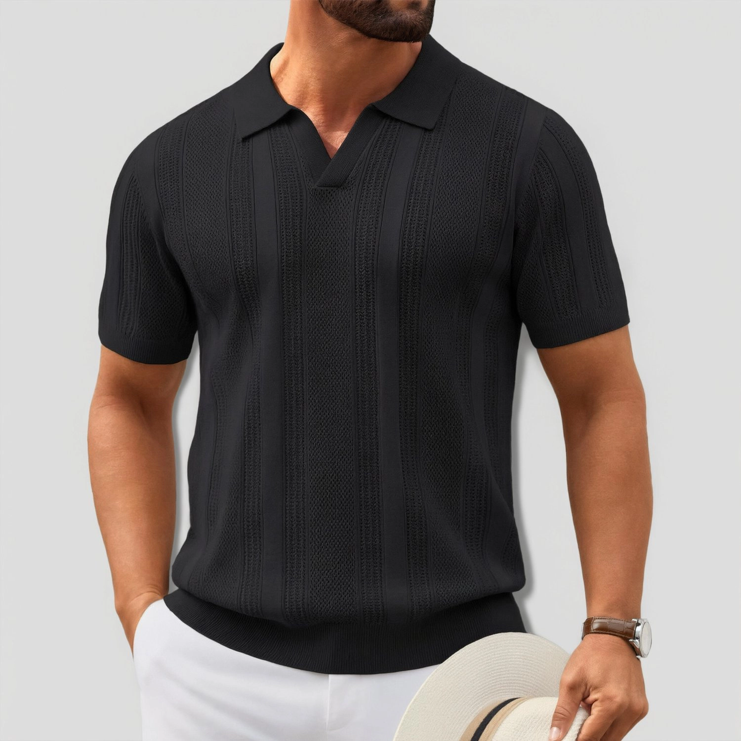 COOFANDY Summer Knit Polo Shirt Short Sleeve V Neck Collared Casual Tee Tops