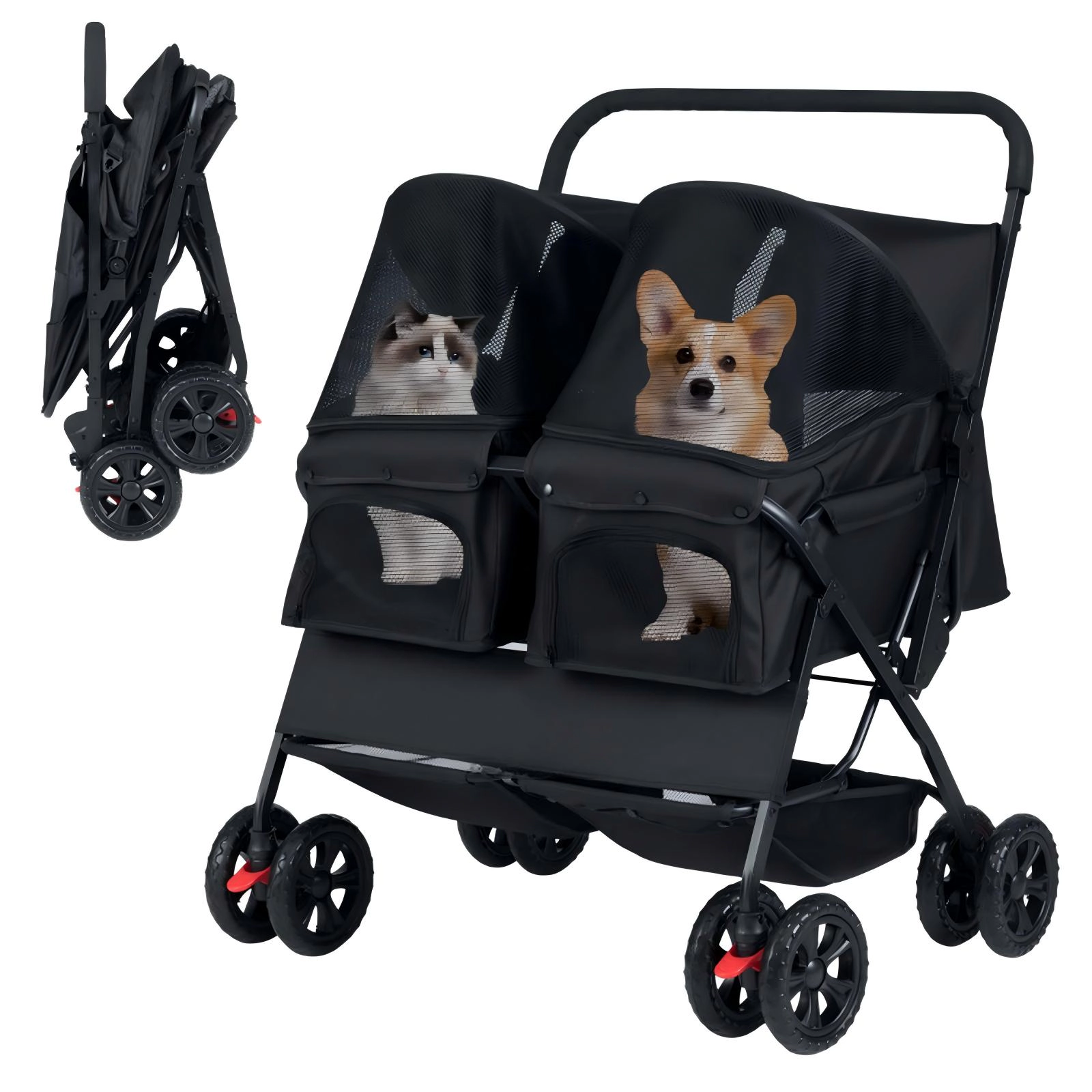 SUGIFT Black Double Pet Stroller with Adjustable Canopy 31.5-in W 28.5-in D 40-in H 26-lb Seat Capacity