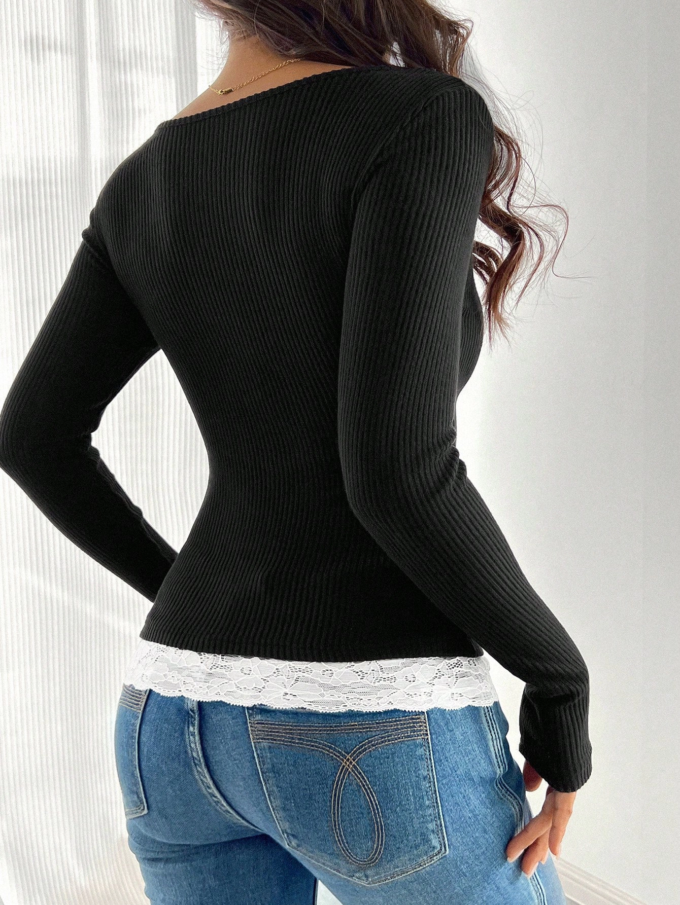Enchanted Funland Womens Ribbed Knit Henley Long Sleeve Lace Trim Slim Fit Tops