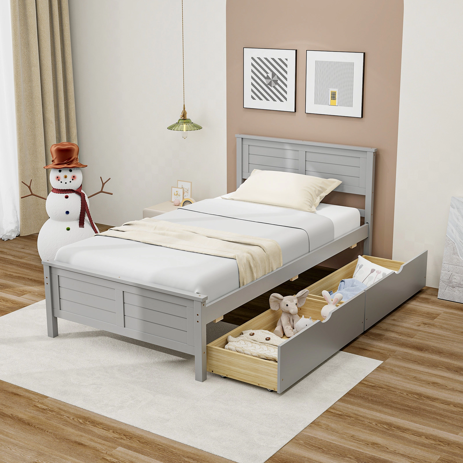 Twin Size Bed Frame with 2 Deep Storage Drawers Gray Wood Platform Bed with Headboard Footboard