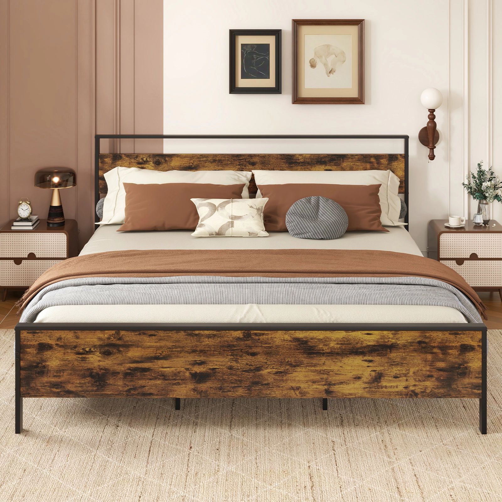 SUGIFT King Industrial Metal Platform Bed with Rustic Wood Panel Headboard, 1100-lb Capacity