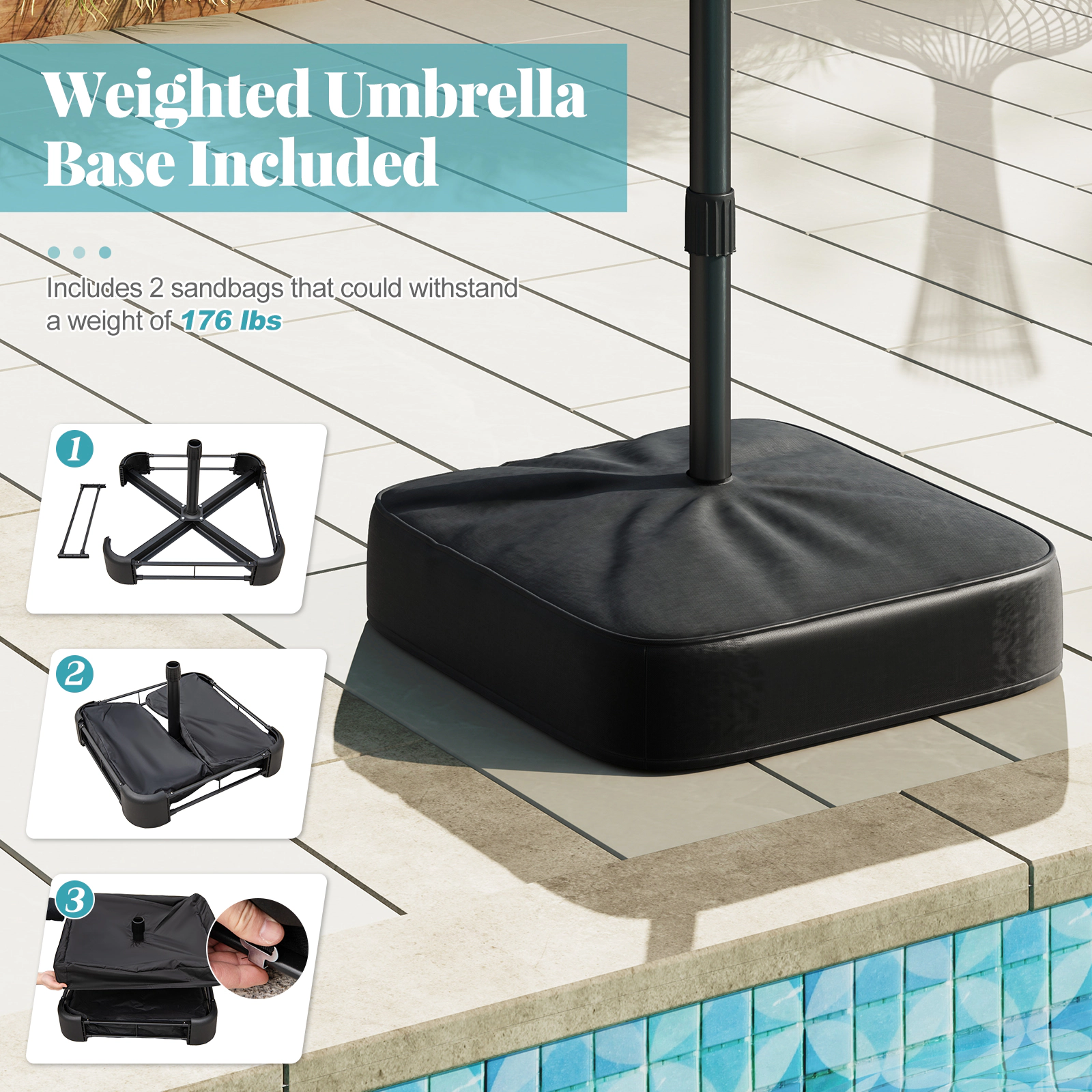 SUGIFT Turquoise 48 Solar LED Lights 12 Ribs and Base 15 FT Double-Sided Patio Umbrella