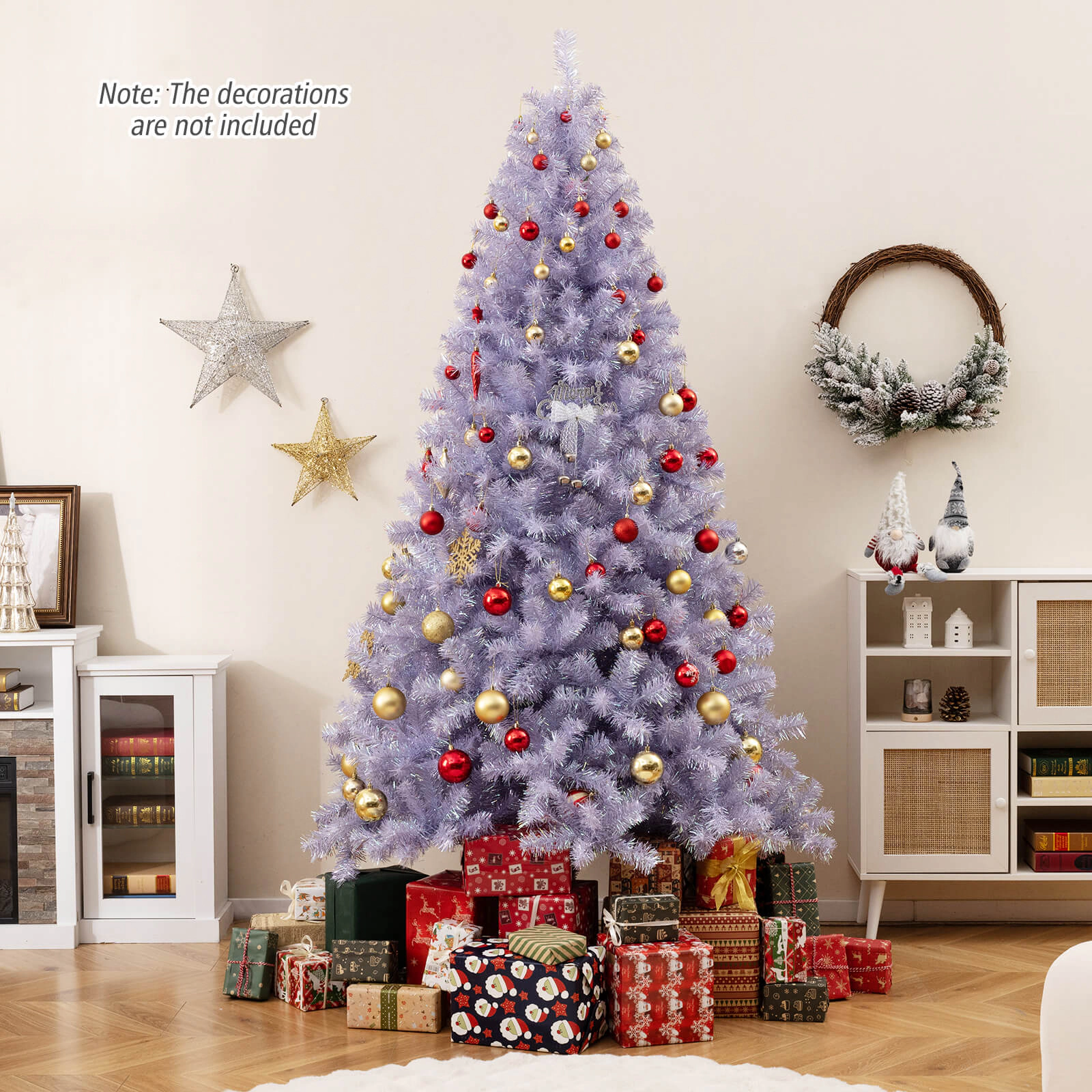 SUGIFT White Pre-Lit Tinsel Artificial Christmas Tree with 1300 Branch Tips 550 Warm White LEDs and 8 Modes