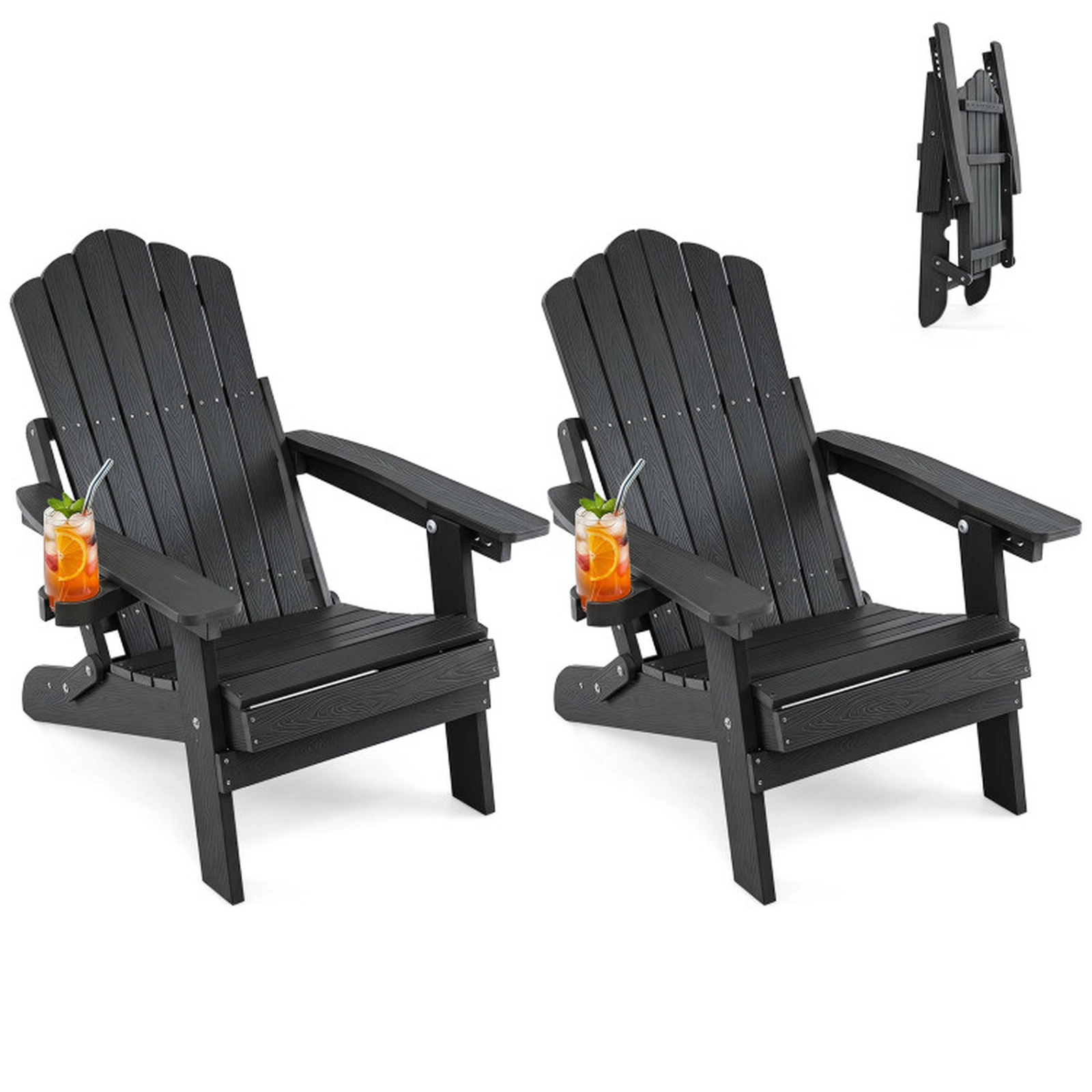 SUGIFT Black Cup Holder and 5-Level Backrest Set of 2 Outdoor Folding Adirondack Chairs