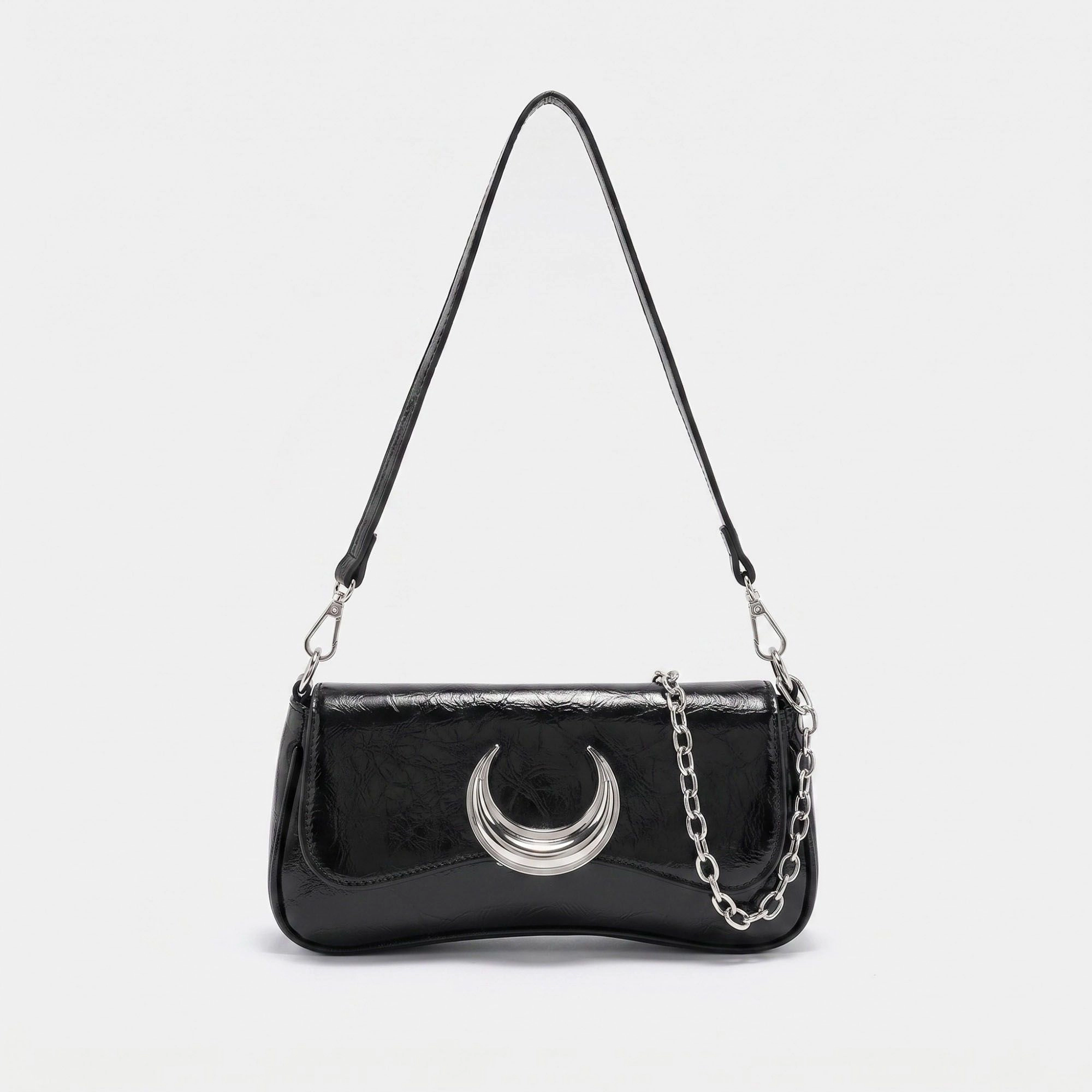 Alilang Women's Glossy Crescent Accent Flap Shoulder Bag with Chain Detail