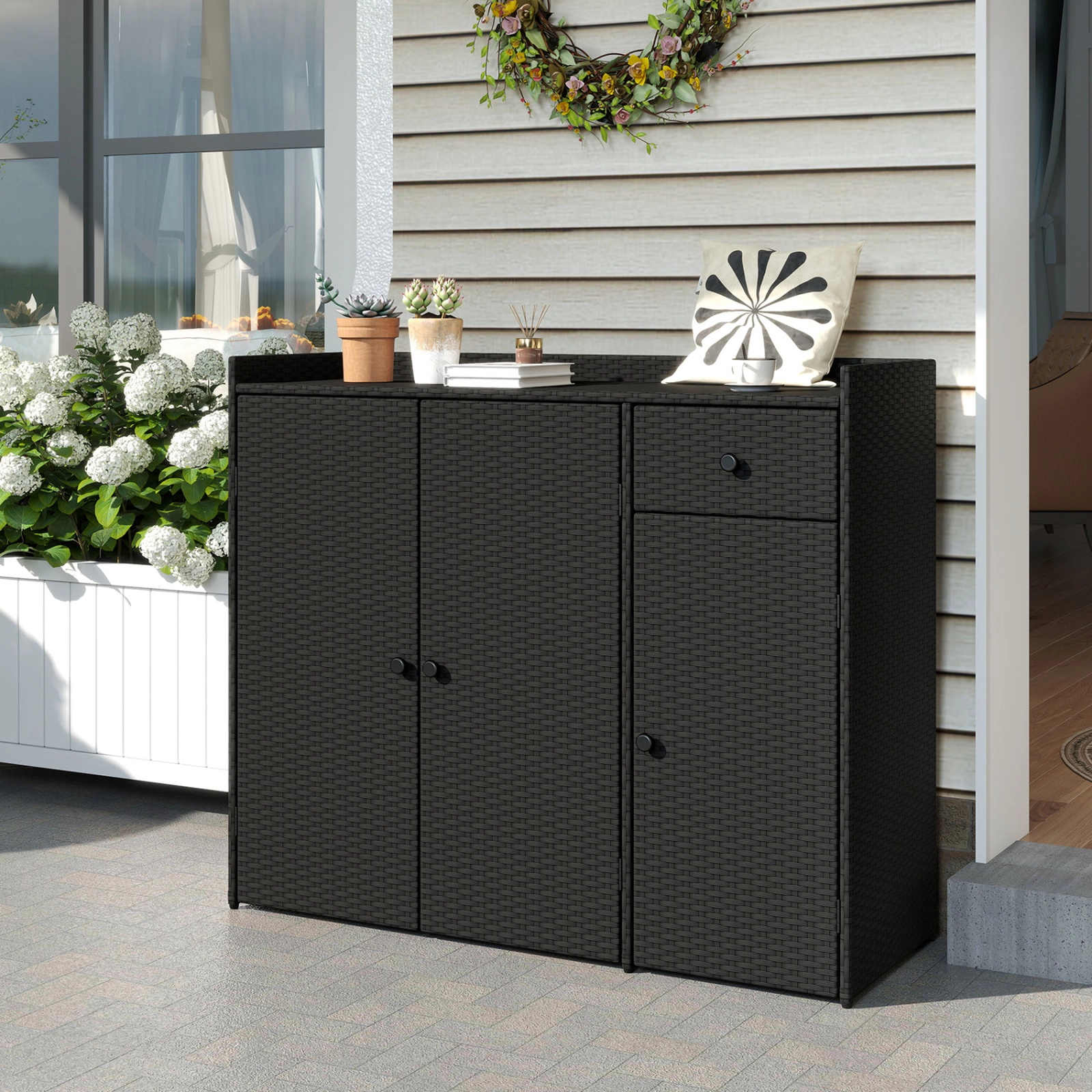 SUGIFT 48-in 3-Door 110-lb Countertop PE Wicker Rattan Outdoor Storage Cabinet with Drawer and 2 Shelves