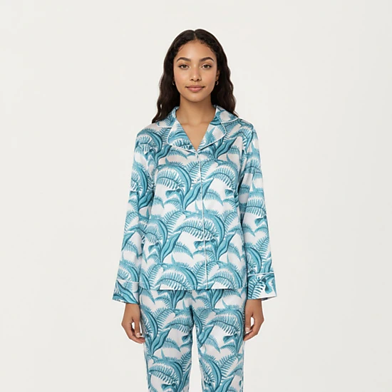 Anna-Kaci Women's 2-Piece Long Sleeve Button Front Pajama Set with Tropical Leaf Print and Soft Silky Fabric