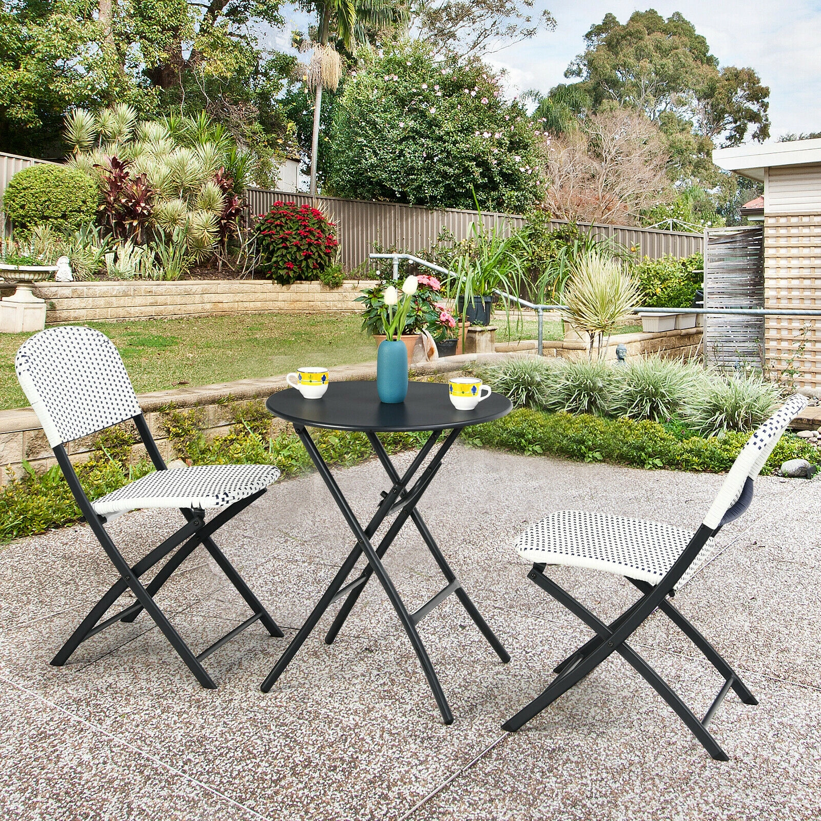 SUGIFT 3-Piece Folding Rattan Bistro Set, Round Table and 2 Chairs