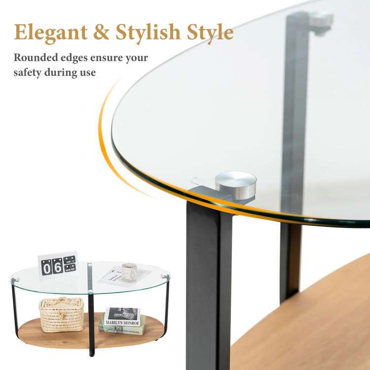 Hivvago Glass Oval Coffee Table with Wooden Storage Shelf