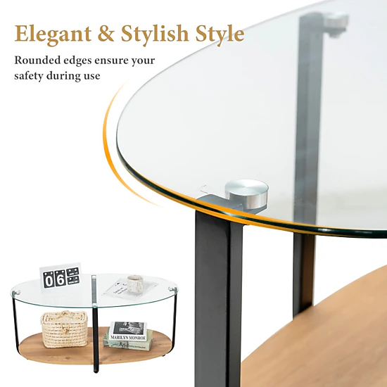 Hivvago Glass Oval Coffee Table with Wooden Storage Shelf