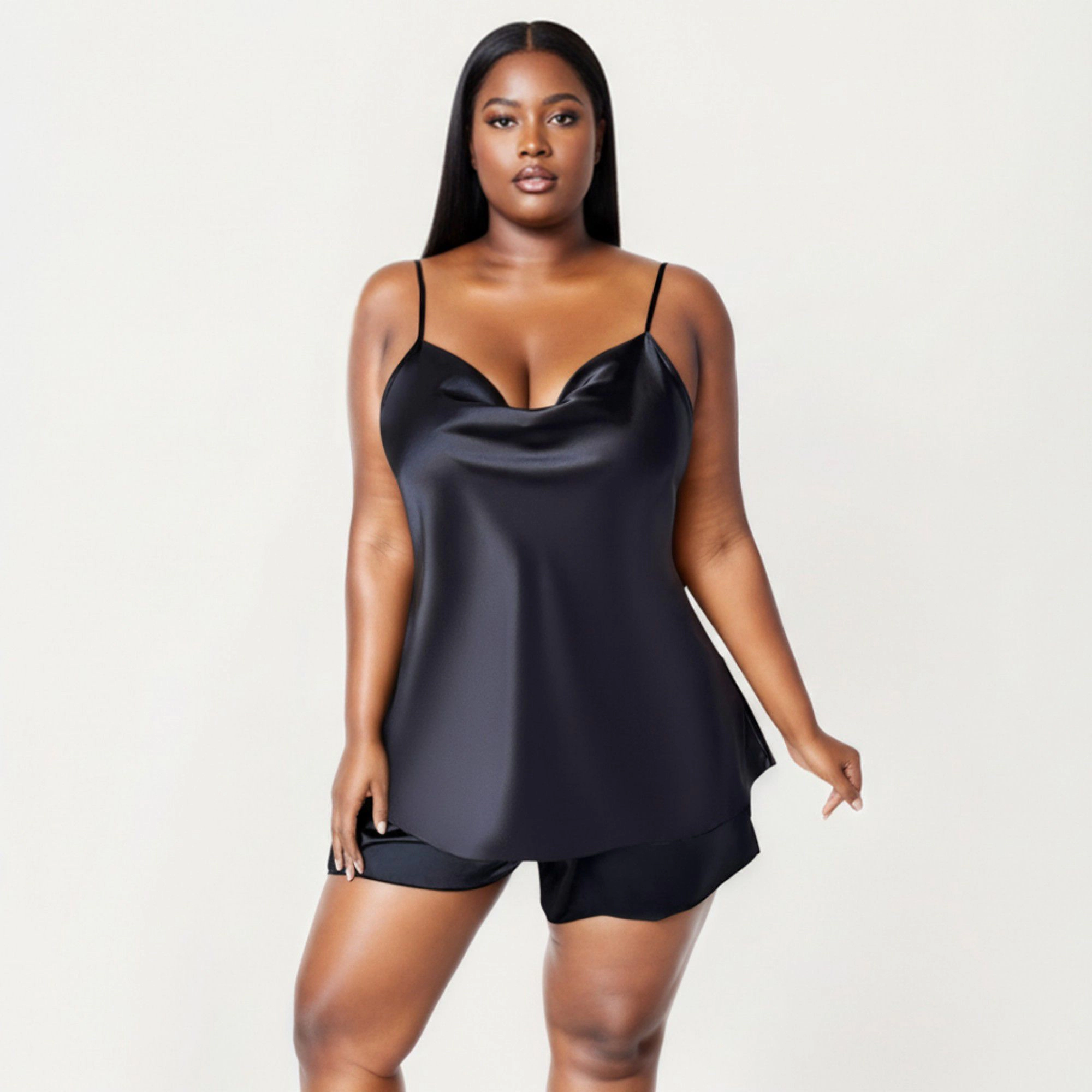 Anna-Kaci Women's 2-Piece Satin Cami and Shorts Set with Draped Neckline Silky Fabric Lightweight Relaxed Fit