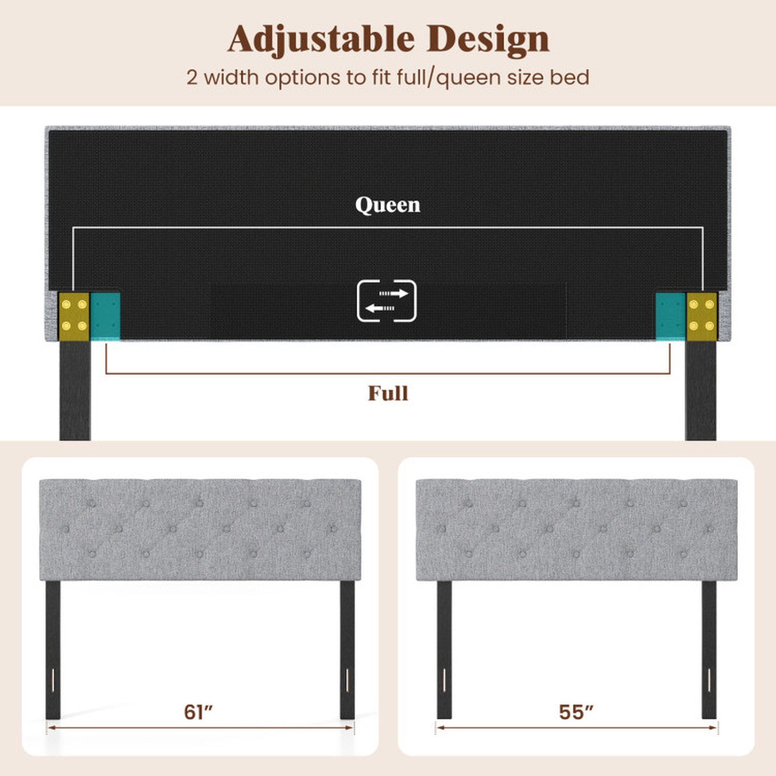 SUGIFT Tufted Faux Linen Panel Headboard for Full/Queen Beds 47-in Tall 63-in Wide Adjustable 55-in Leg Width Beige