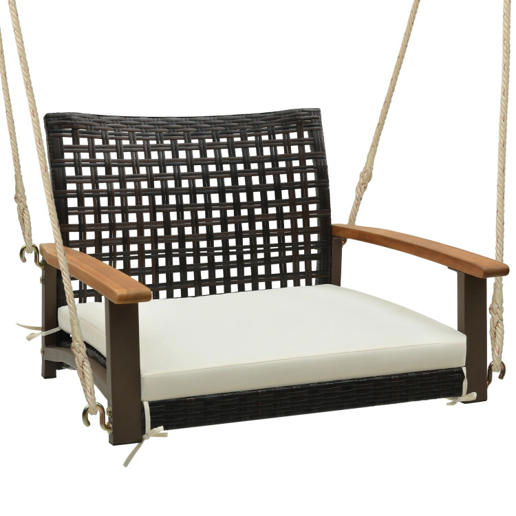 Hivvago Single Rattan Porch Swing With Armrests Cushion And Hanging Ropes