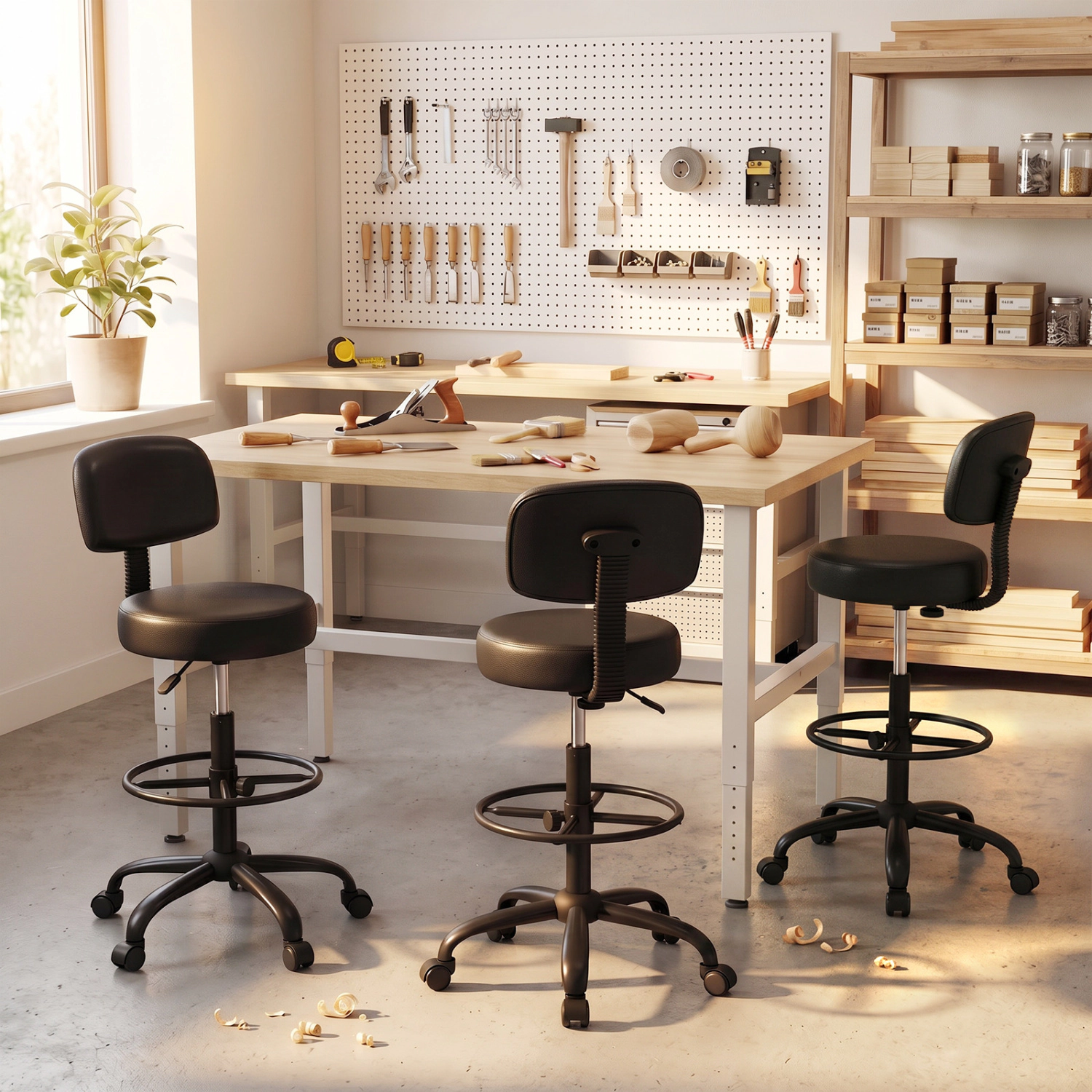LJG Office Drafting Chair with Back & Adjustable Footring and Wheels for Desk