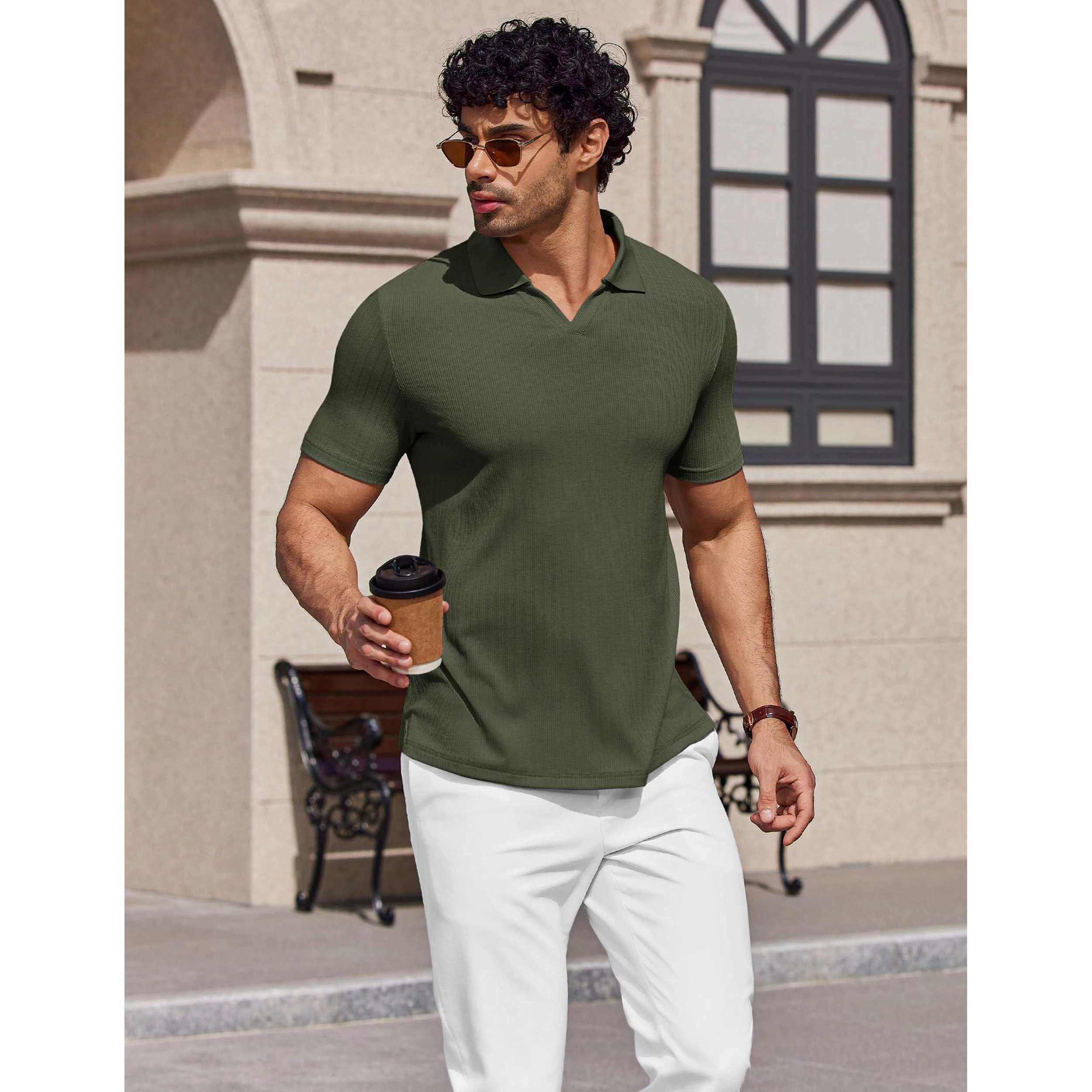 COOFANDY Mens Short Sleeve Polo Shirts  V Neck Collared Ribbed Casual Tops