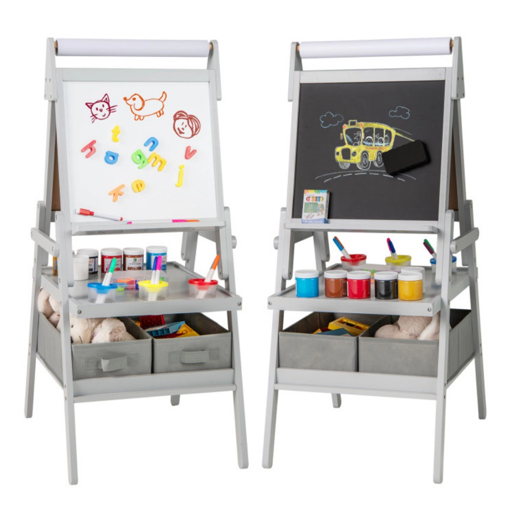 SUGIFT Gray Magnetic Boards Paint Cups and 2 Fabric Storage Bins 3-in-1 Kids Art Easel