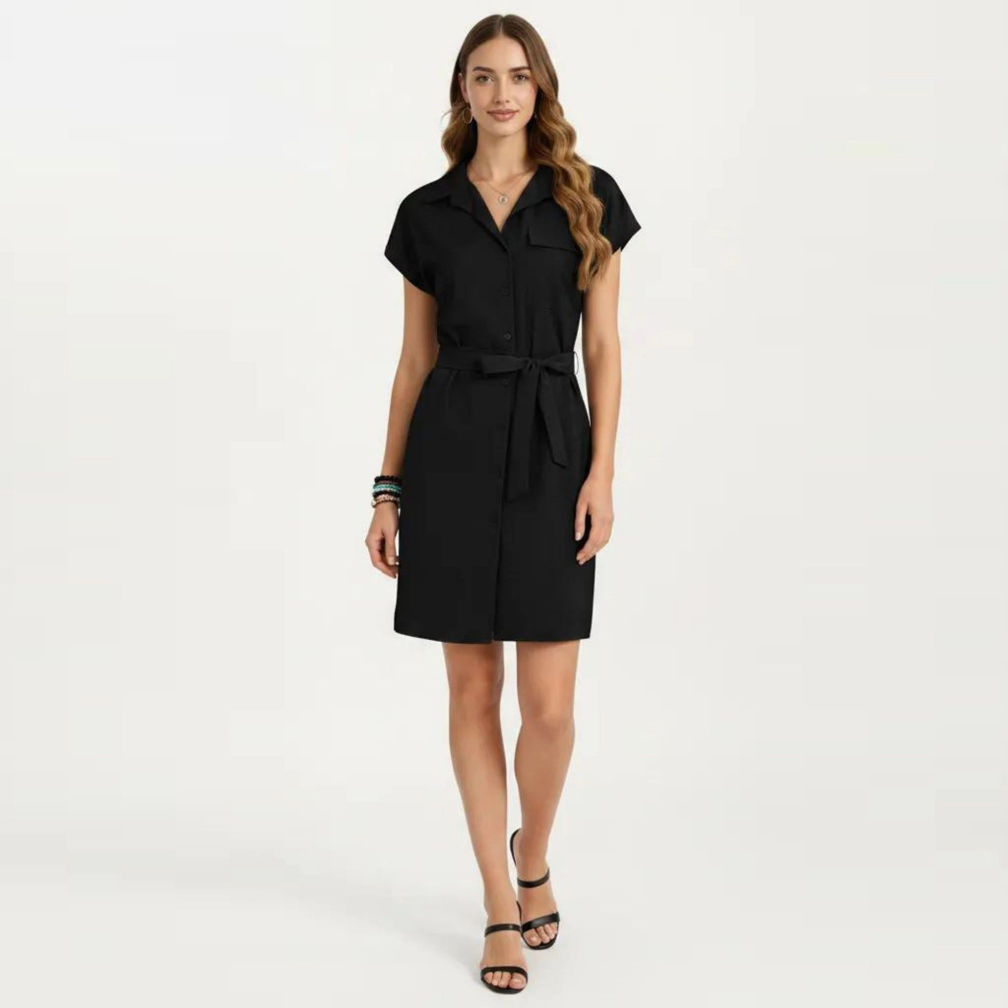 Anna-Kaci Women's Short Sleeve Button Front Collared Neck Adjustable Waist Tie Shirt Dress
