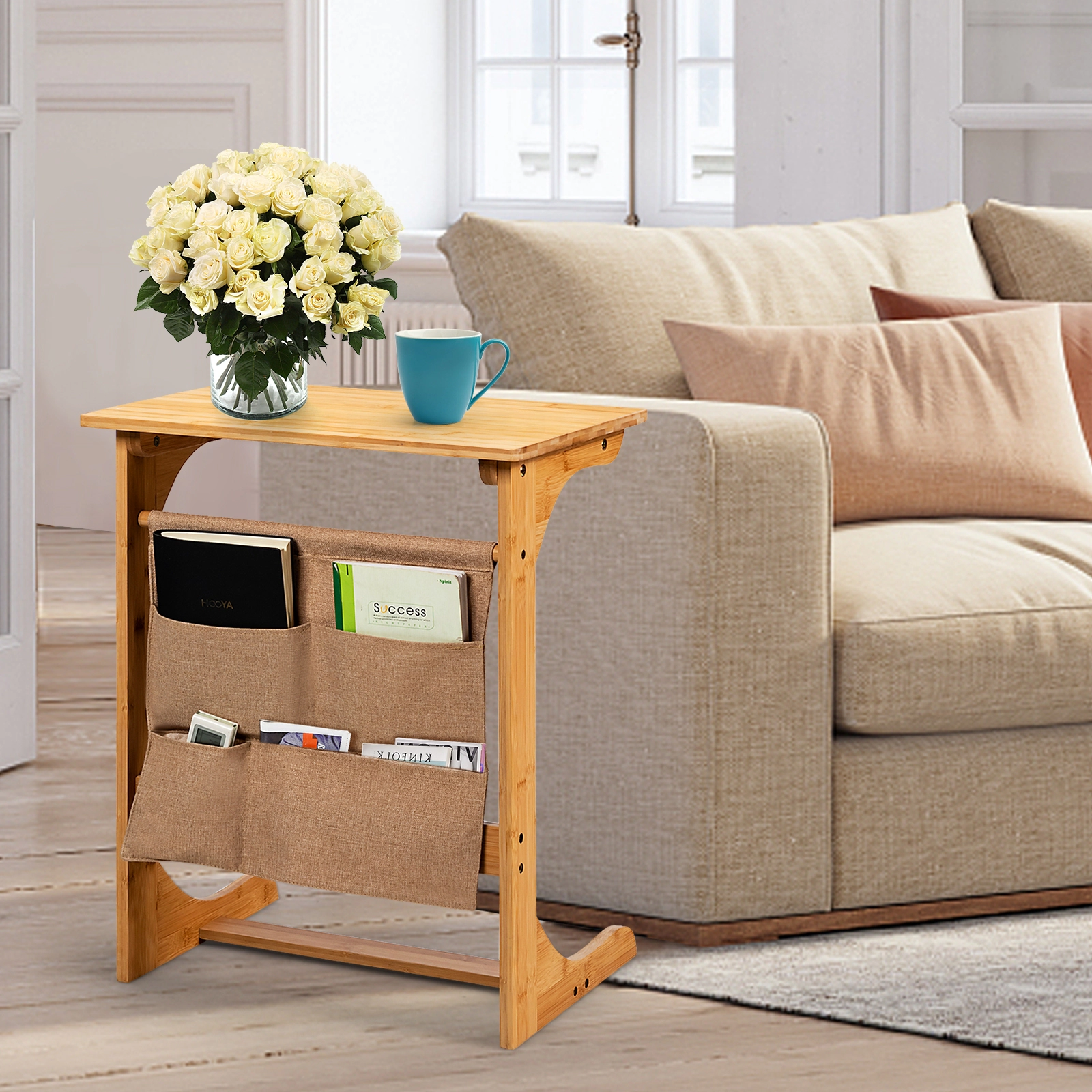 Glintex L-Shaped Bamboo Sofa Side Table with Hanging Storage Bag, Natural