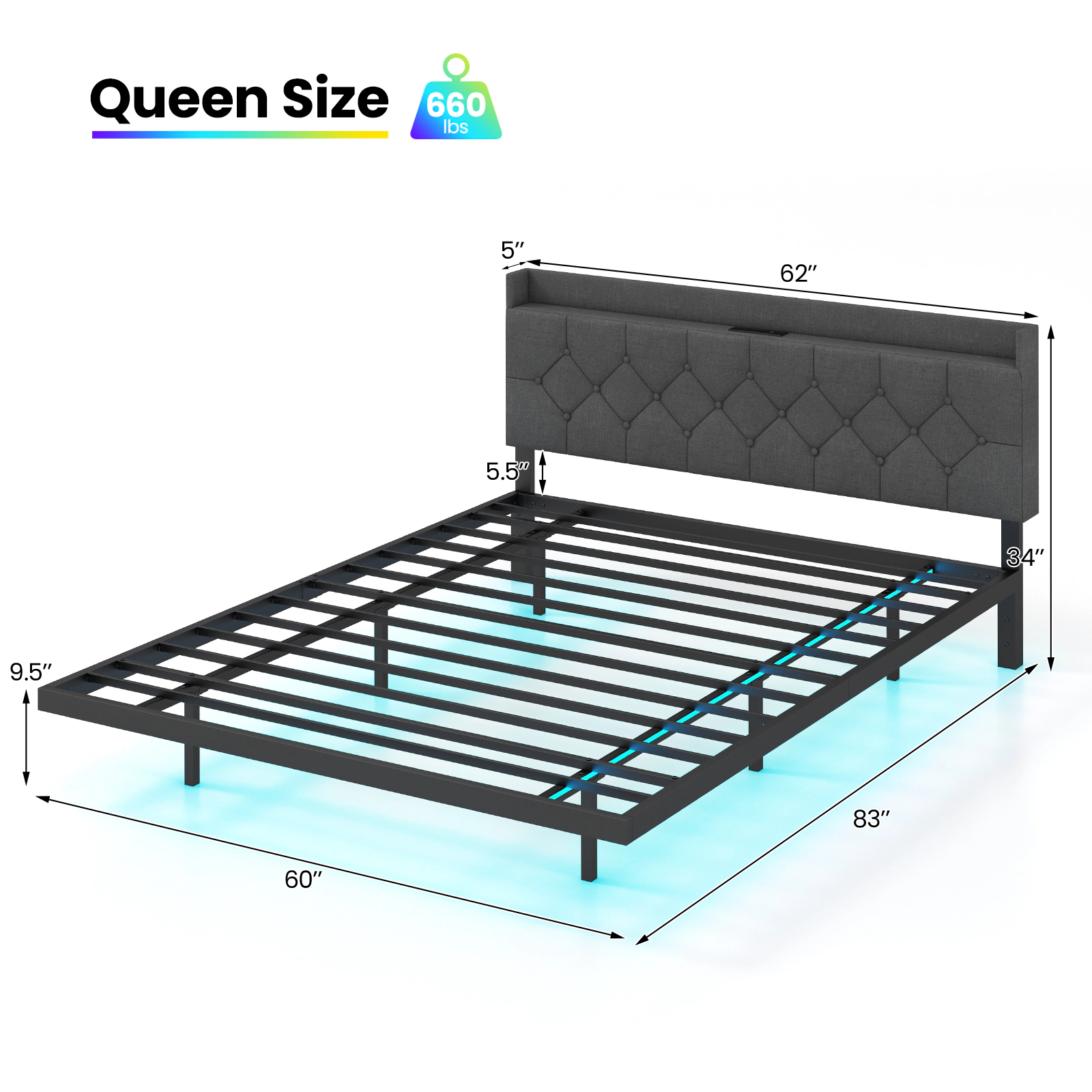 SUGIFT Floating Full/Queen Size Bed Frame with LED Storage Headboard and Charging Station 660-lb Capacity Gray