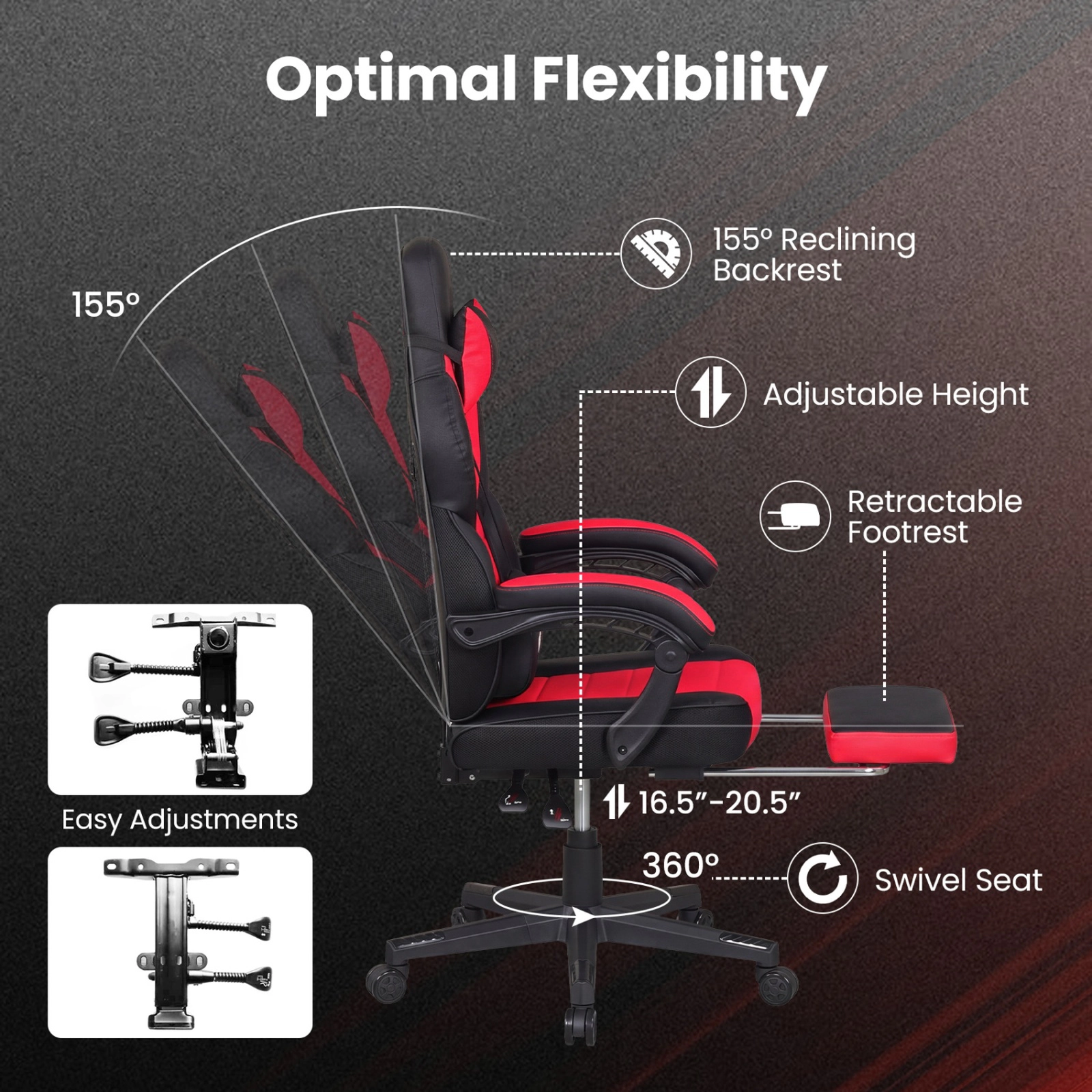 SUGIFT Red and Black Reclining Gaming Chair with 155° Recline, Footrest, Headrest and Lumbar Support