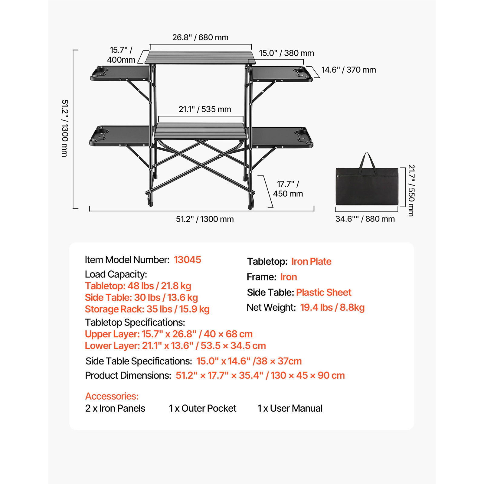 HONGGE Folding Camping Kitchen Table with Heat-Resistant Top, Side Table & Storage Shelf