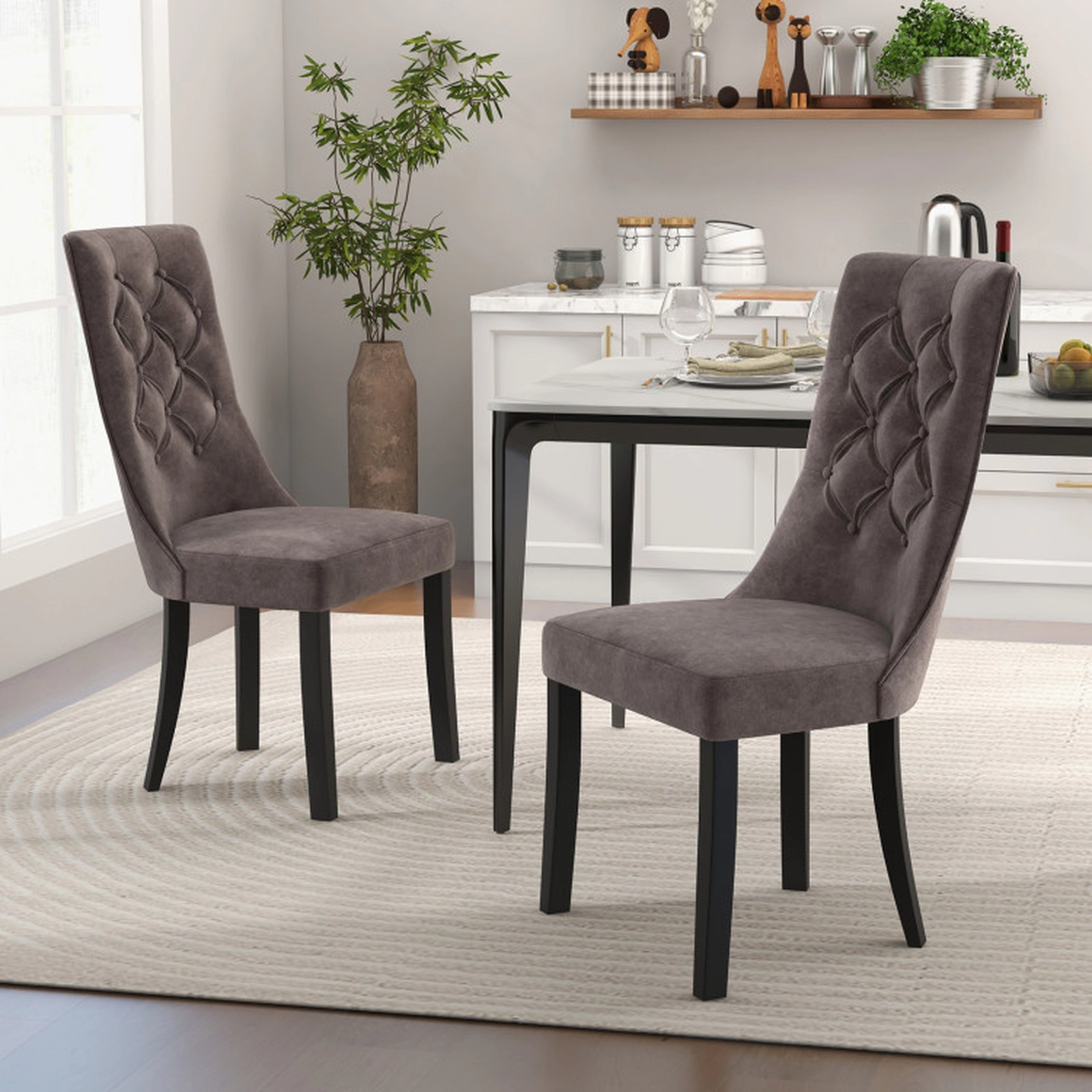 SUGIFT Set of 2 Velvet Tufted High Back Rubber Wood Dining Chairs 24-in x 20.5-in x 40-in 300-lb Capacity Light Gray