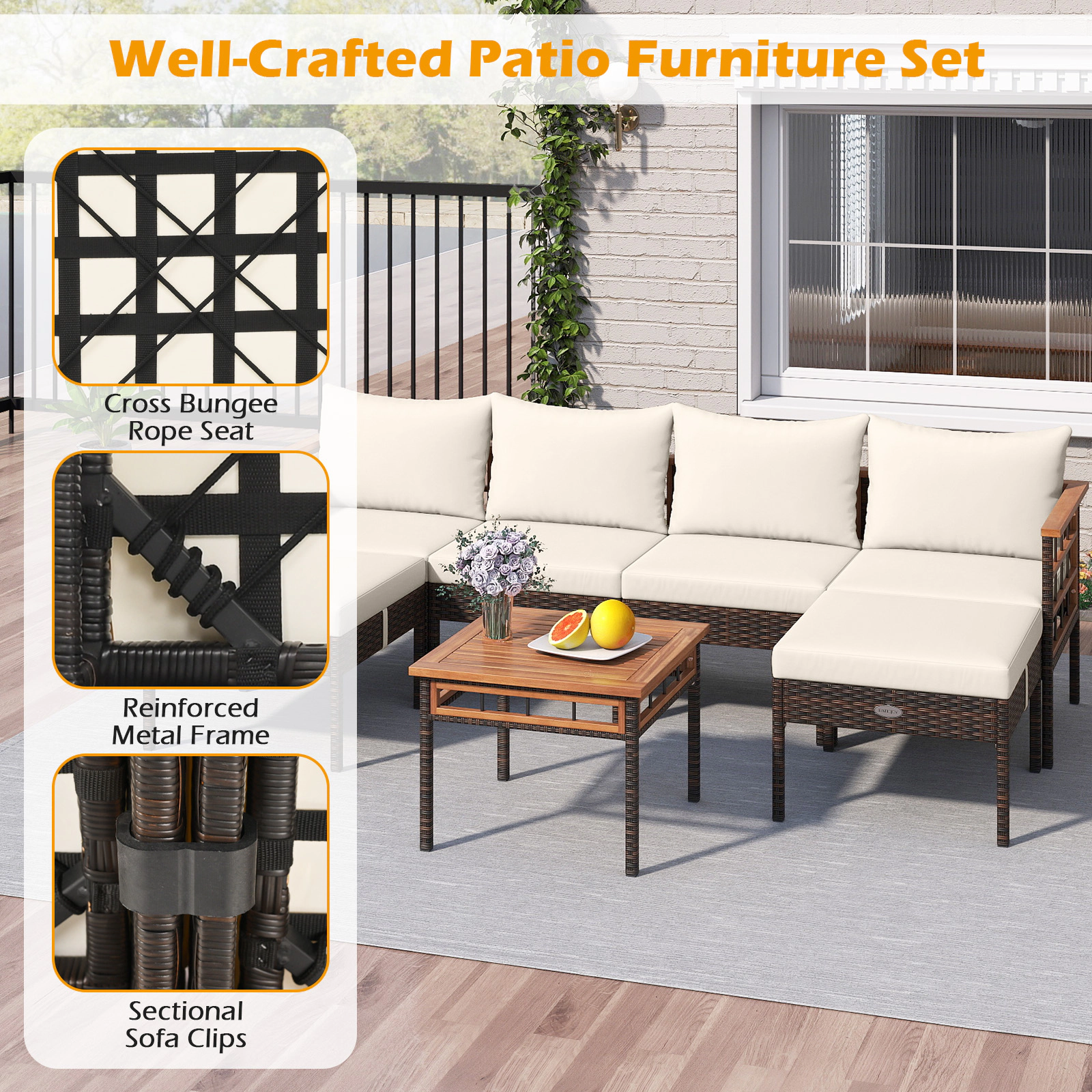 SUGIFT 7-Piece White Modular Rattan Patio Set with Ottomans and Acacia Table