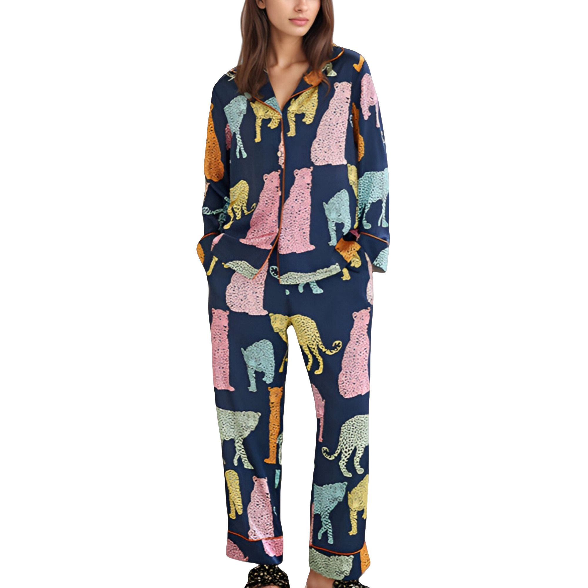 Anna-Kaci Women's Satin Multicolor Leopard Print Pajama Set with Button Up Long Sleeve Shirt and Relaxed Fit Pants
