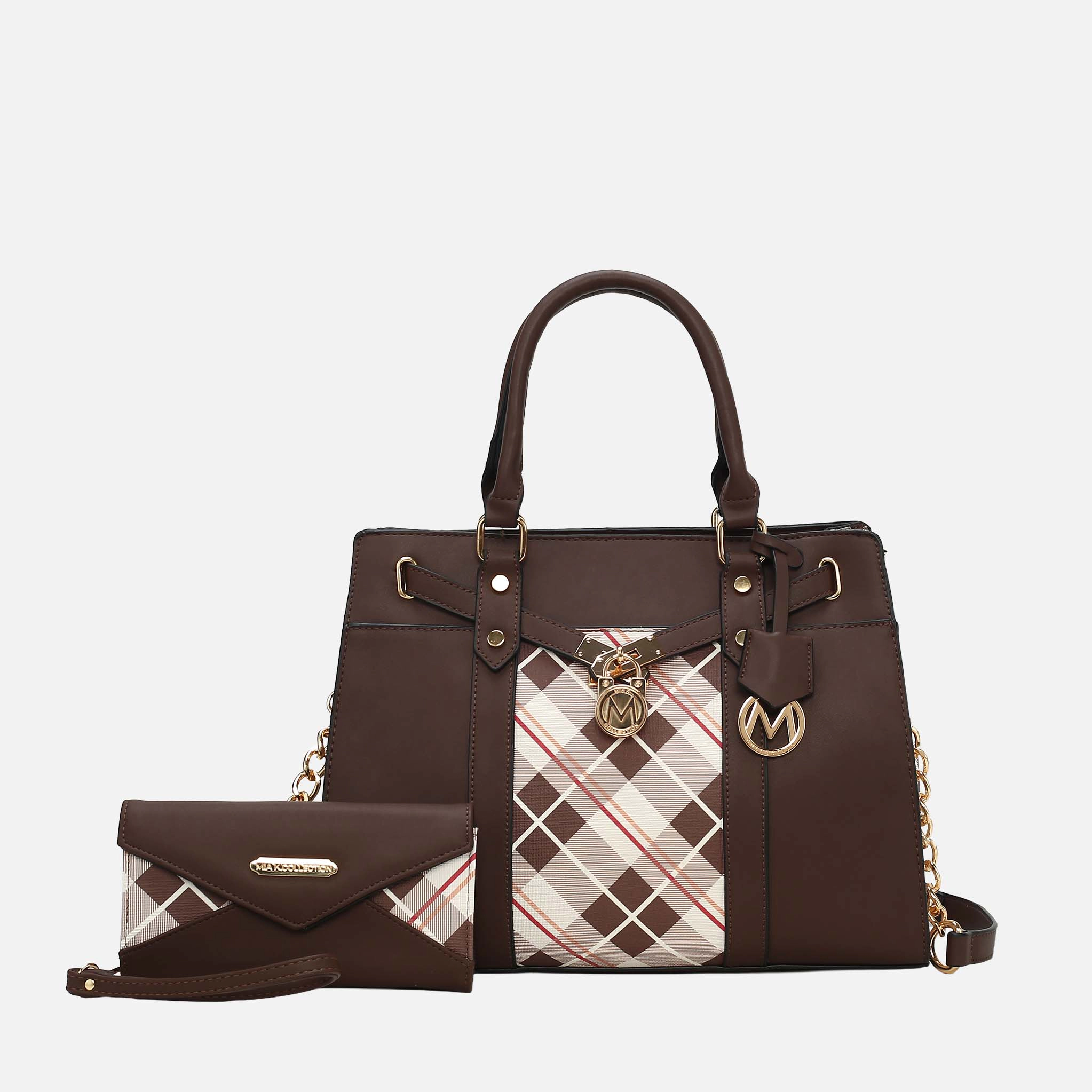MKF Collection Christine Plaid Vegan Leather Satchel with Wristlet Wallet - Coffee