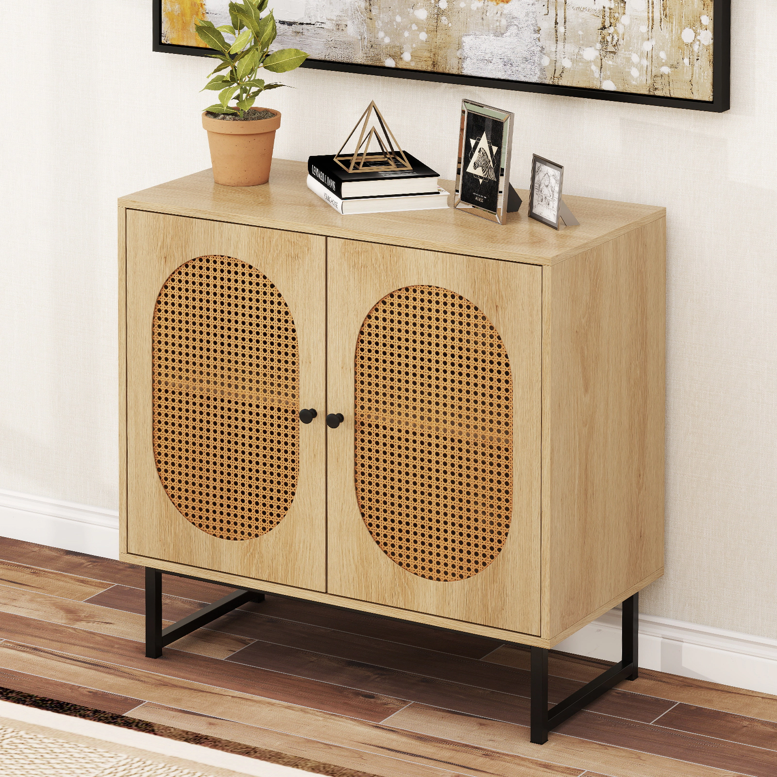 LJG Buffet Cabinet Rattan Storage with 2 Doors and Adjustable Shelf