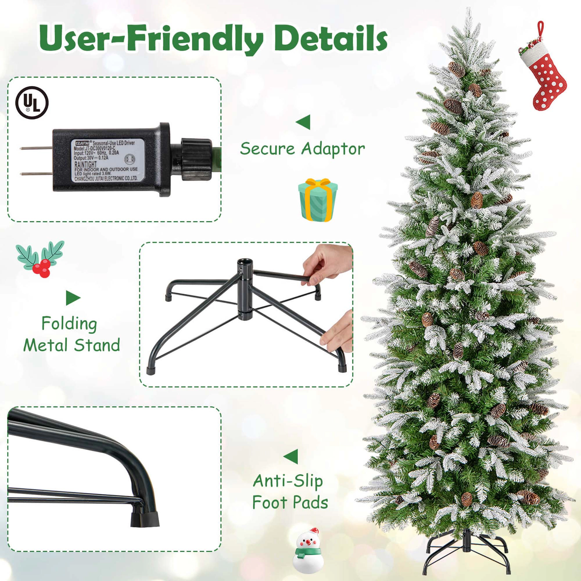 Costway 6/7.5/9 FT Flocked Christmas Tree with 913 PE PVC Branch Tips 280/350/470 Warm LED Lights
