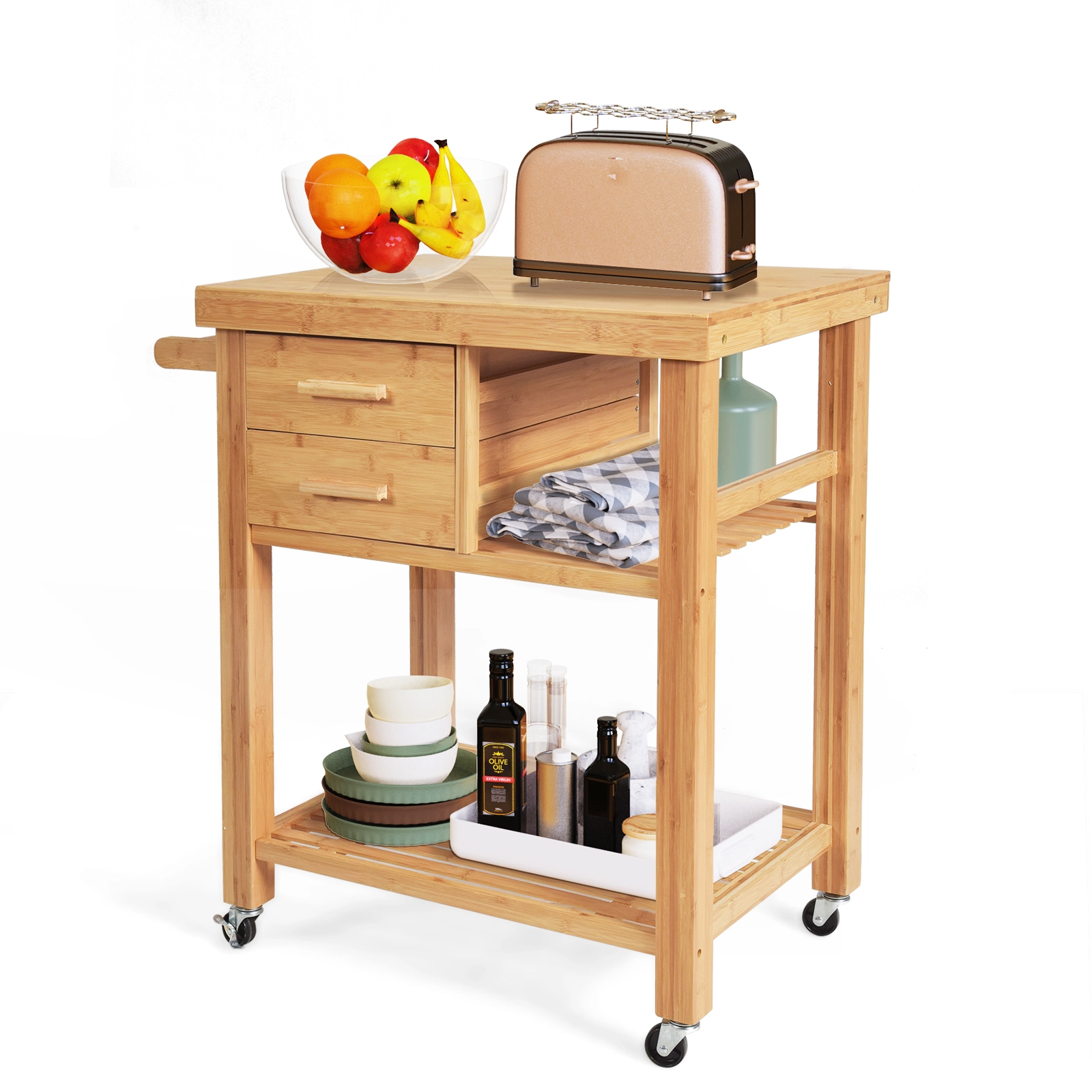 SUGIFT Natural Bamboo Kitchen Cart Trolley with Tower Rack Drawers and Casters 29-in W 21.5-in D 35.5-in H