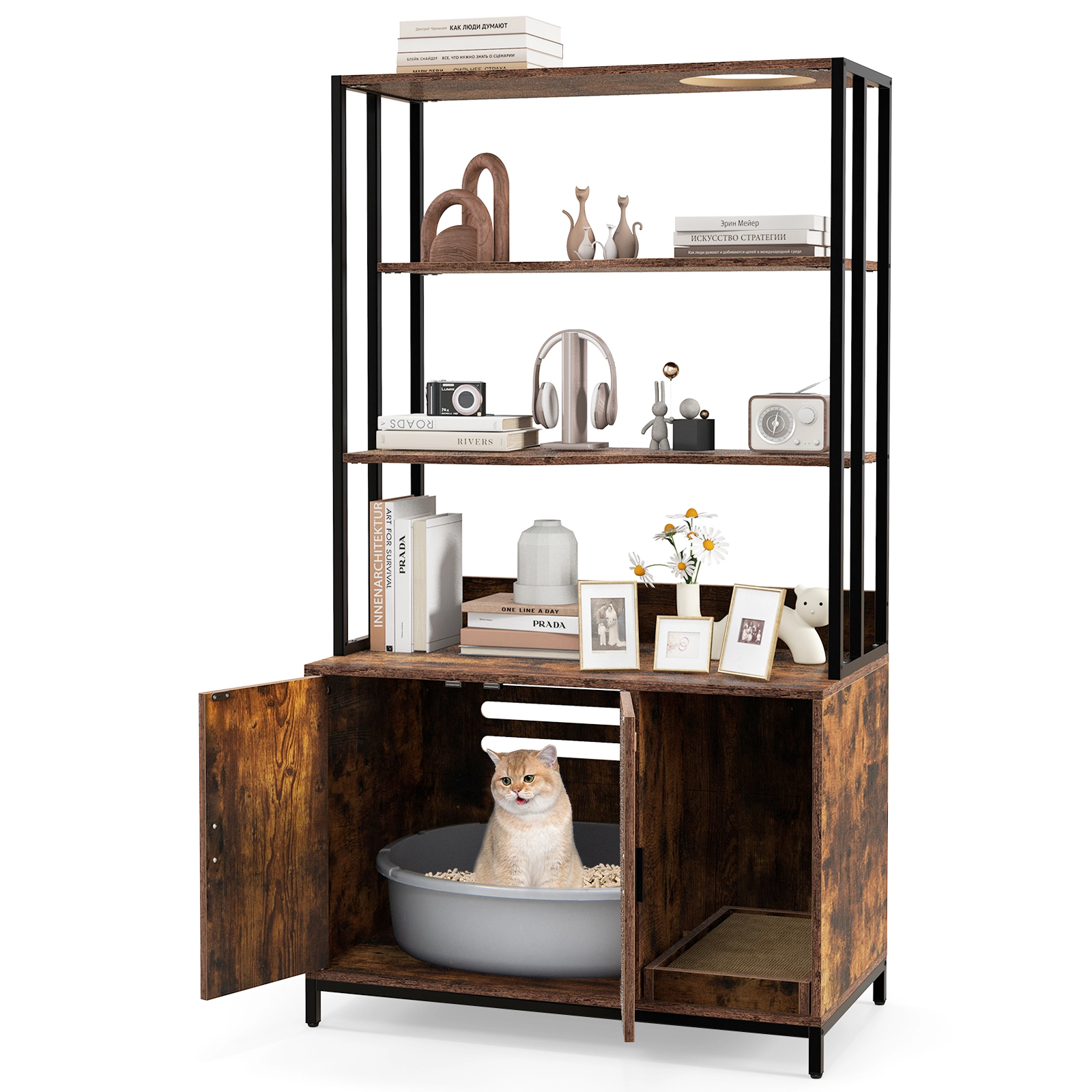 SUGIFT 33.5 x 61-in Rustic Brown Tall Cat Litter Box Enclosure with 3-Tier Storage Shelves and Side Entry