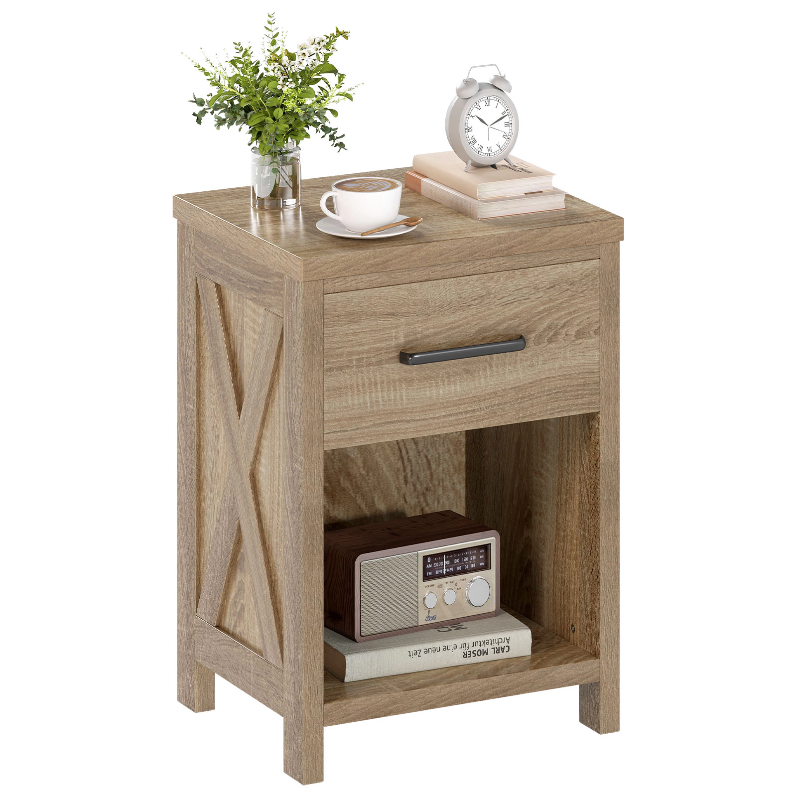 Glintex Farmhouse Nightstand with Side X-Shaped Panels Drawer and Bottom Shelf, Natural