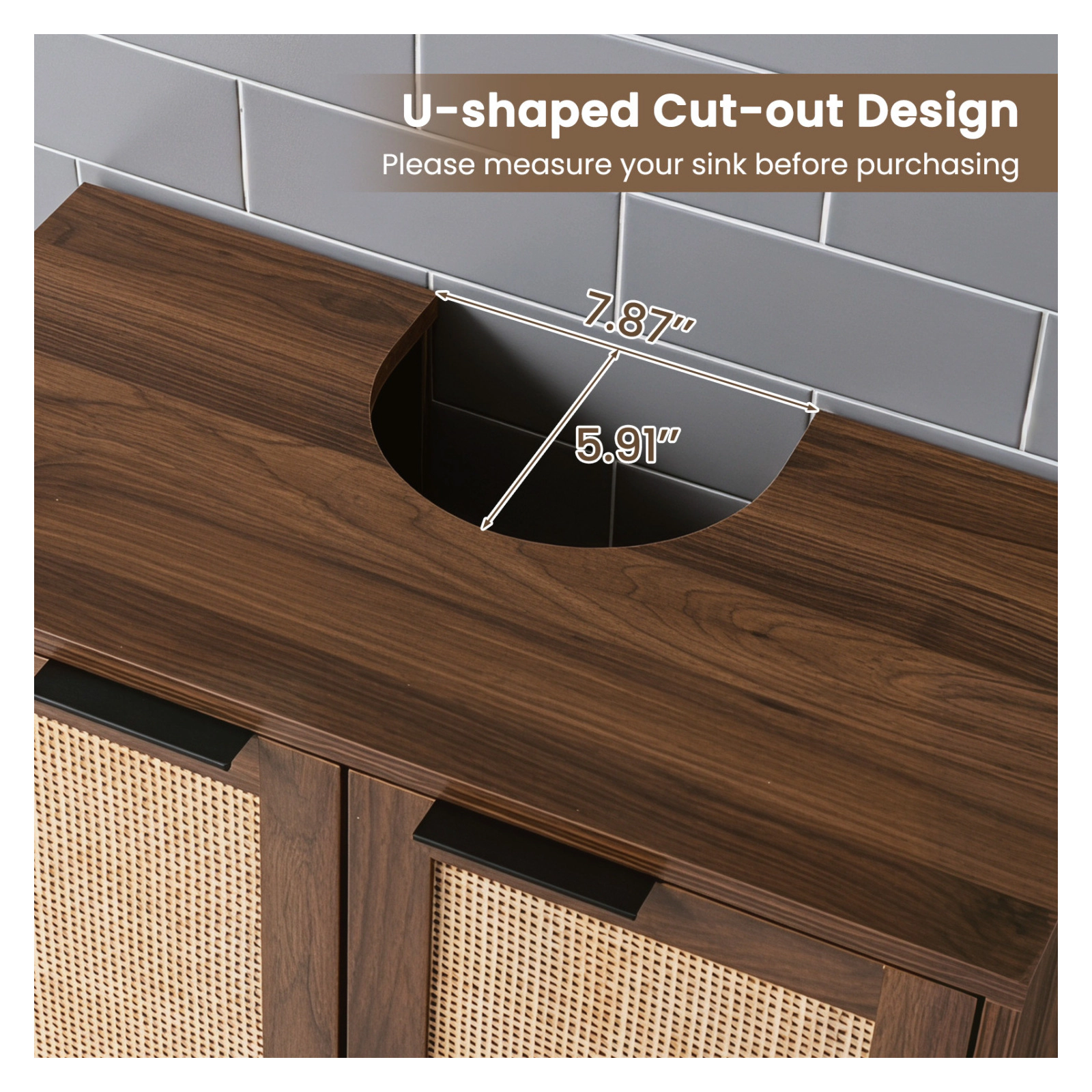 Glintex Bathroom Vanity Cabinet with U-Shaped Cut-Out and 2 Rattan Doors