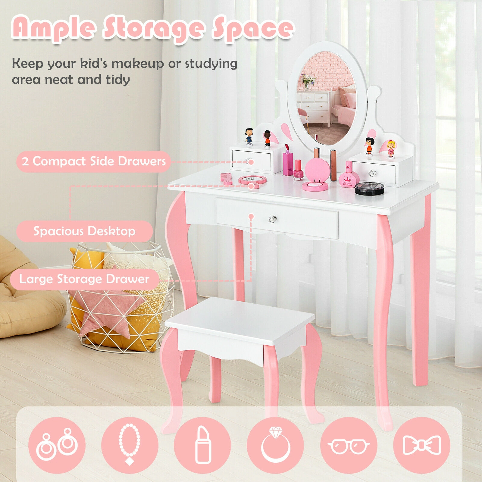 SUGIFT Kids Vanity Table and Stool Set White with 360 Degree Rotatable Detachable Mirror
