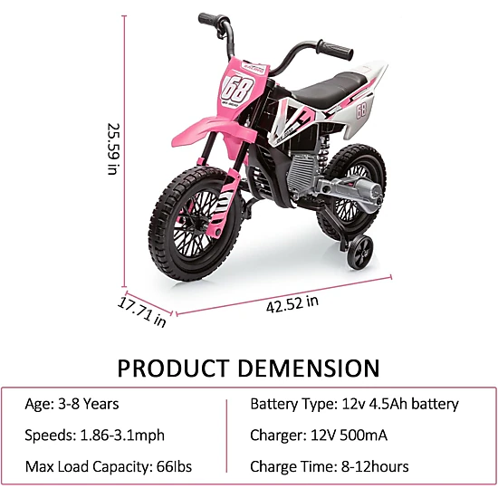 Enjyam 12V Kids Electric Motorcycle w/Training Wheels, Dirt Bike Ride On Toy w/Twist Throttle, Music, 3 MPH Max