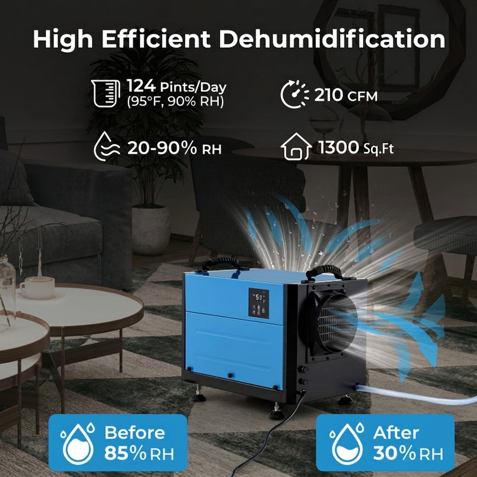 SUGIFT 124-Pint 1300-sq ft Crawl Space Dehumidifier with 3 Modes 24H Timer and 9.8-ft Drain Hose