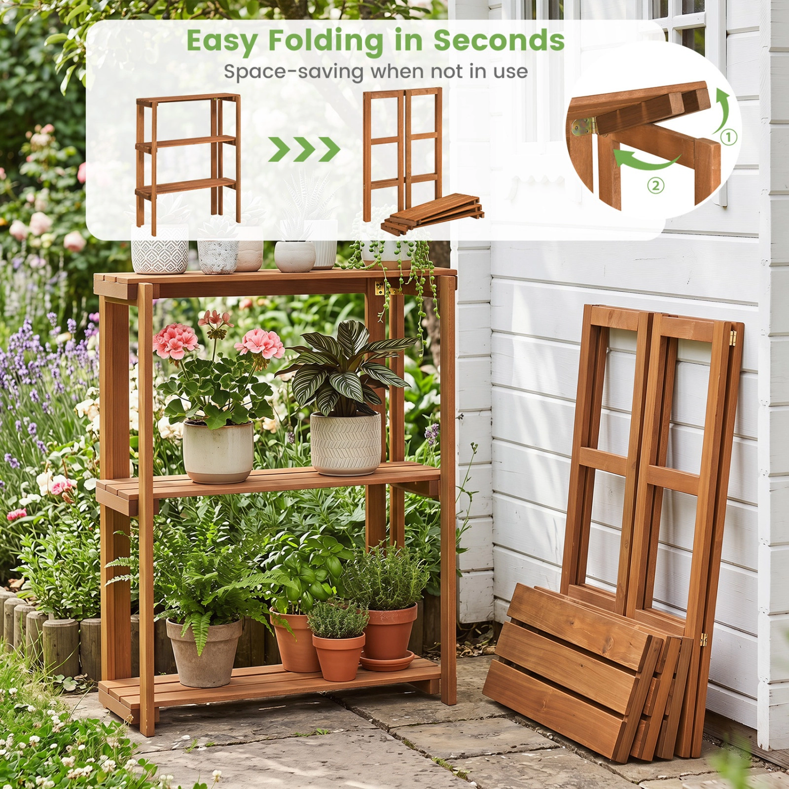 SUGIFT Natural 3-Tier 36-in Folding Wooden Slatted Storage Shelf Plant Stand and Shoe Rack for Entryway