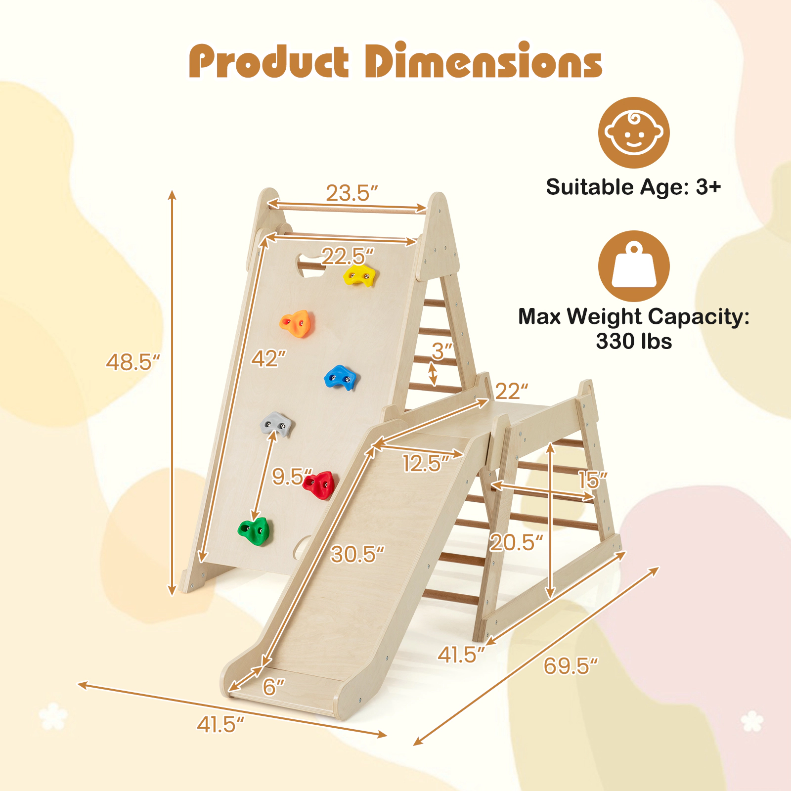 SUGIFT Natural Extended Slide 3 in 1 Toddler Indoor Playground Jungle Gym