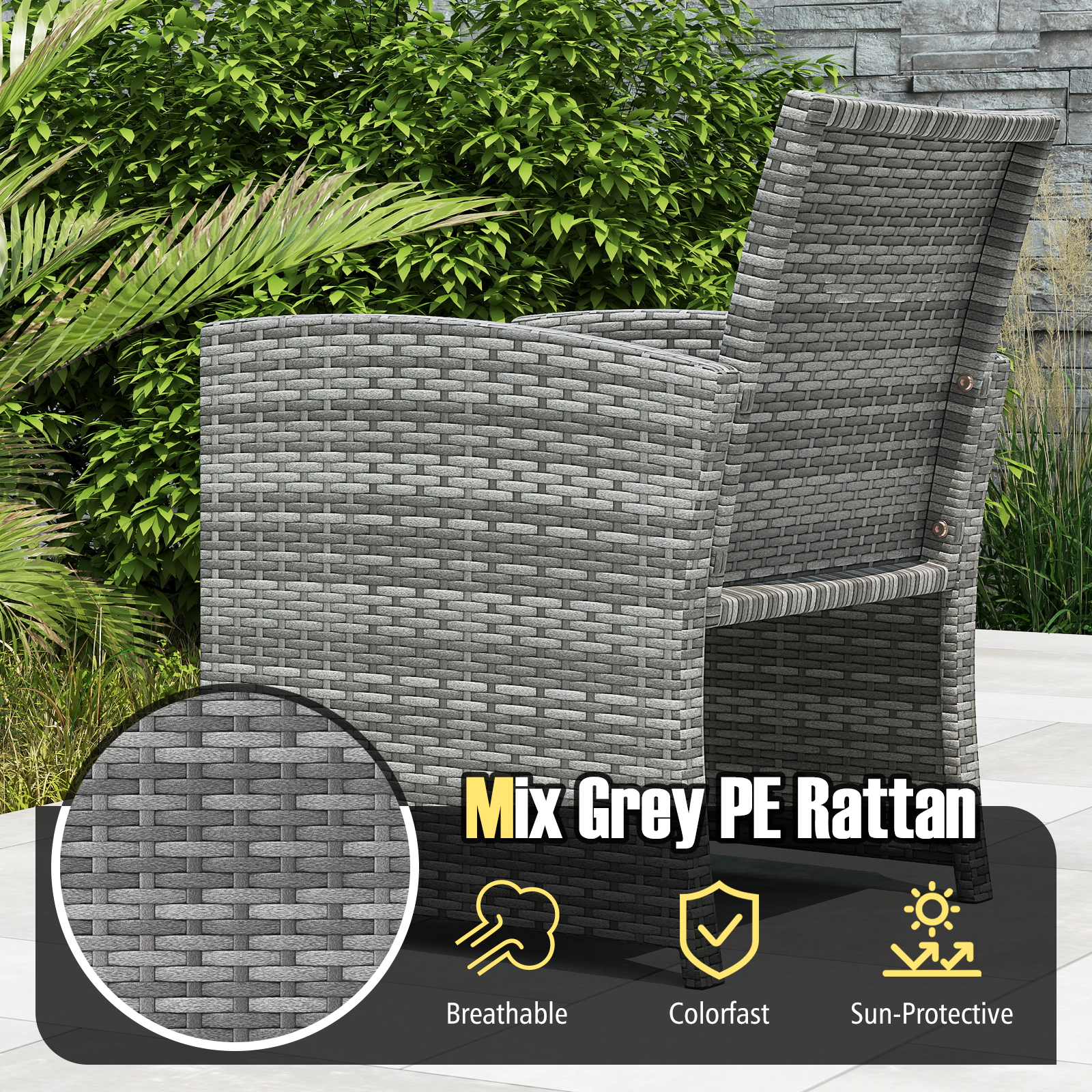 SUGIFT Tempered Glass Table and Seat Cushions 3-Piece White Patio Rattan Chair Set