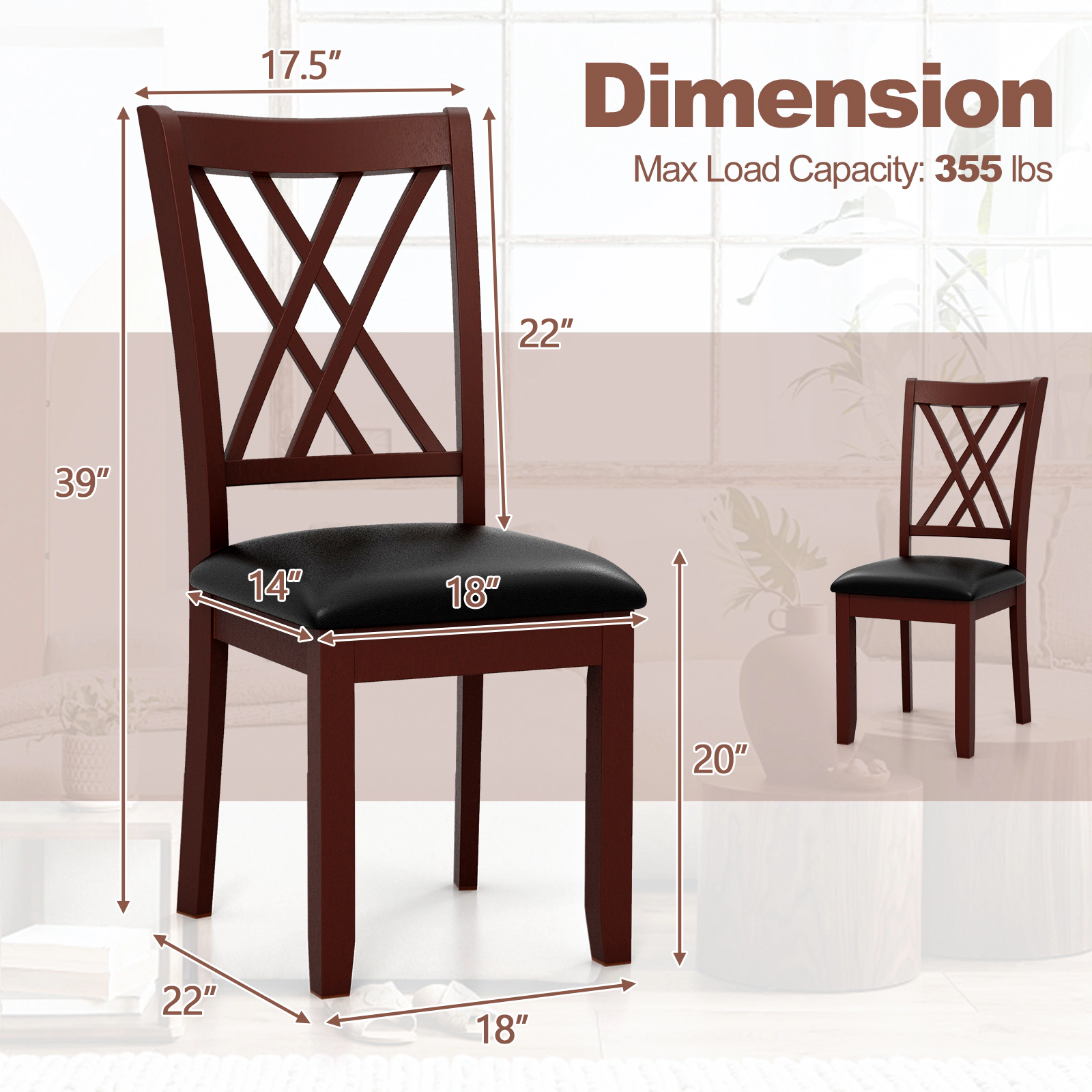 SUGIFT Set of 2 Dining Chairs with X-Backrest and Padded PVC Leather Seat 355-Lb Capacity Brown & Black 39-in Tall