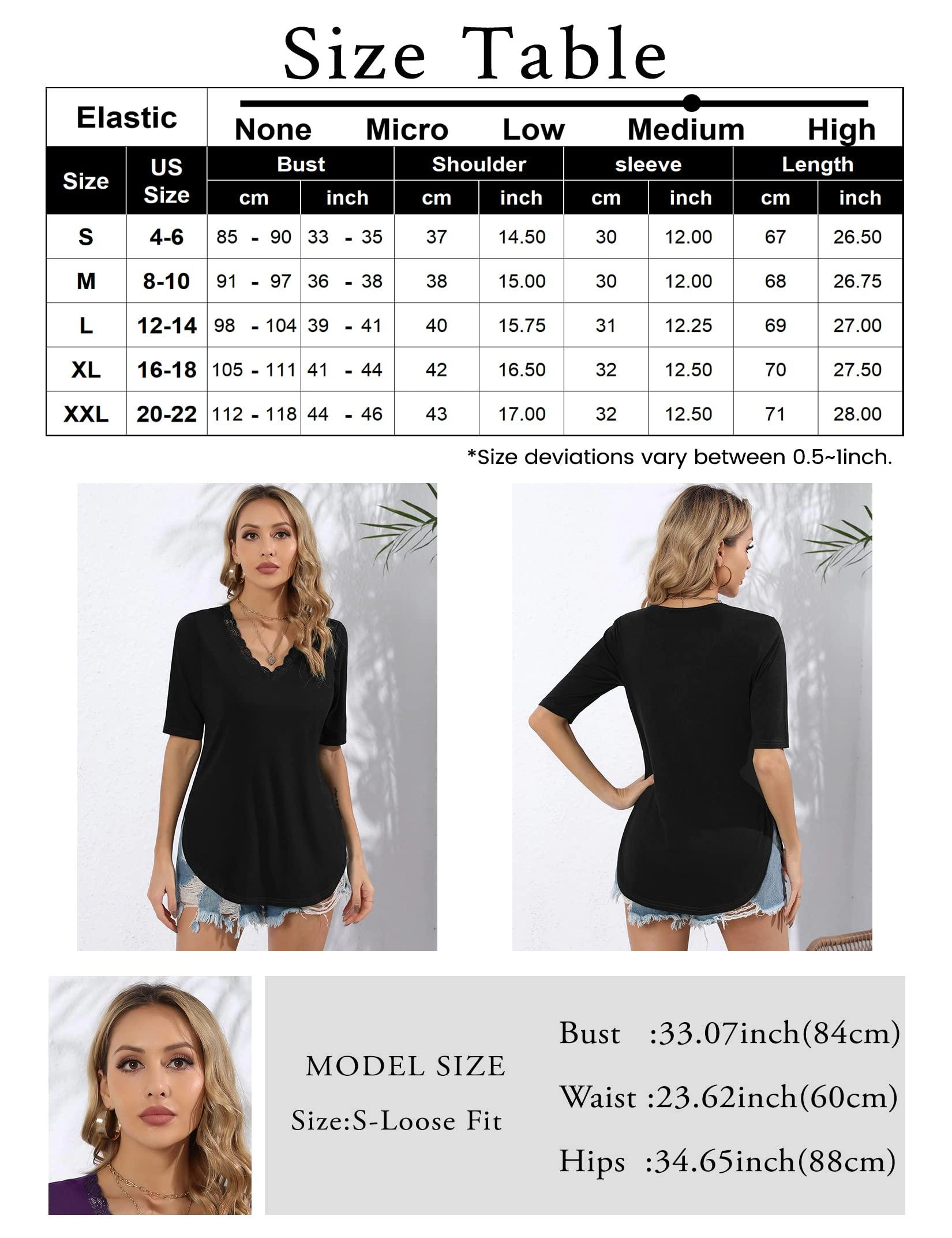KOJOOIN Women's V-Neck Lace Trim Tunic Top Short Sleeve Relaxed Knit Curved Hem Blouse Shirts